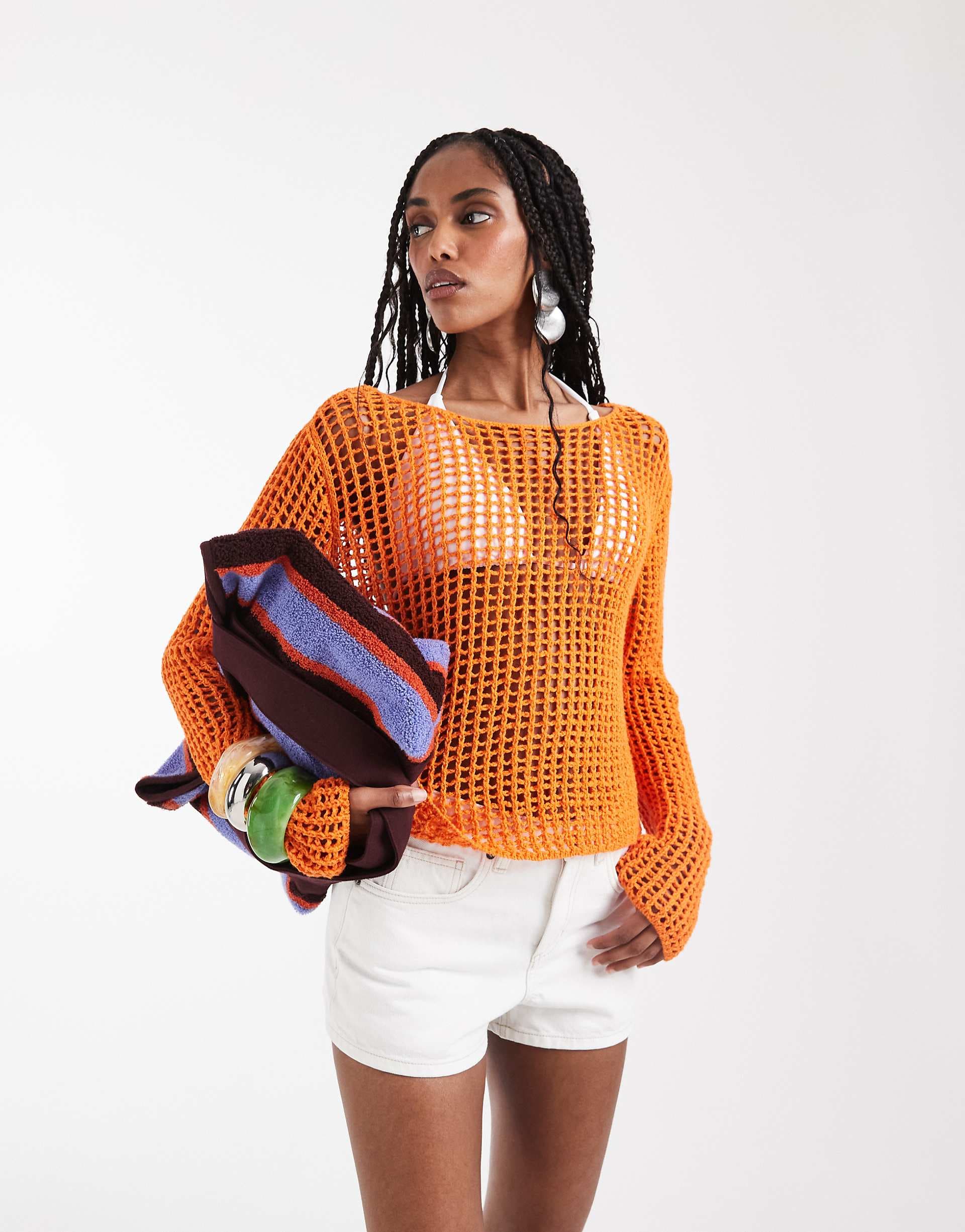 ASOS DESIGN open stitch crochet jumper in orange