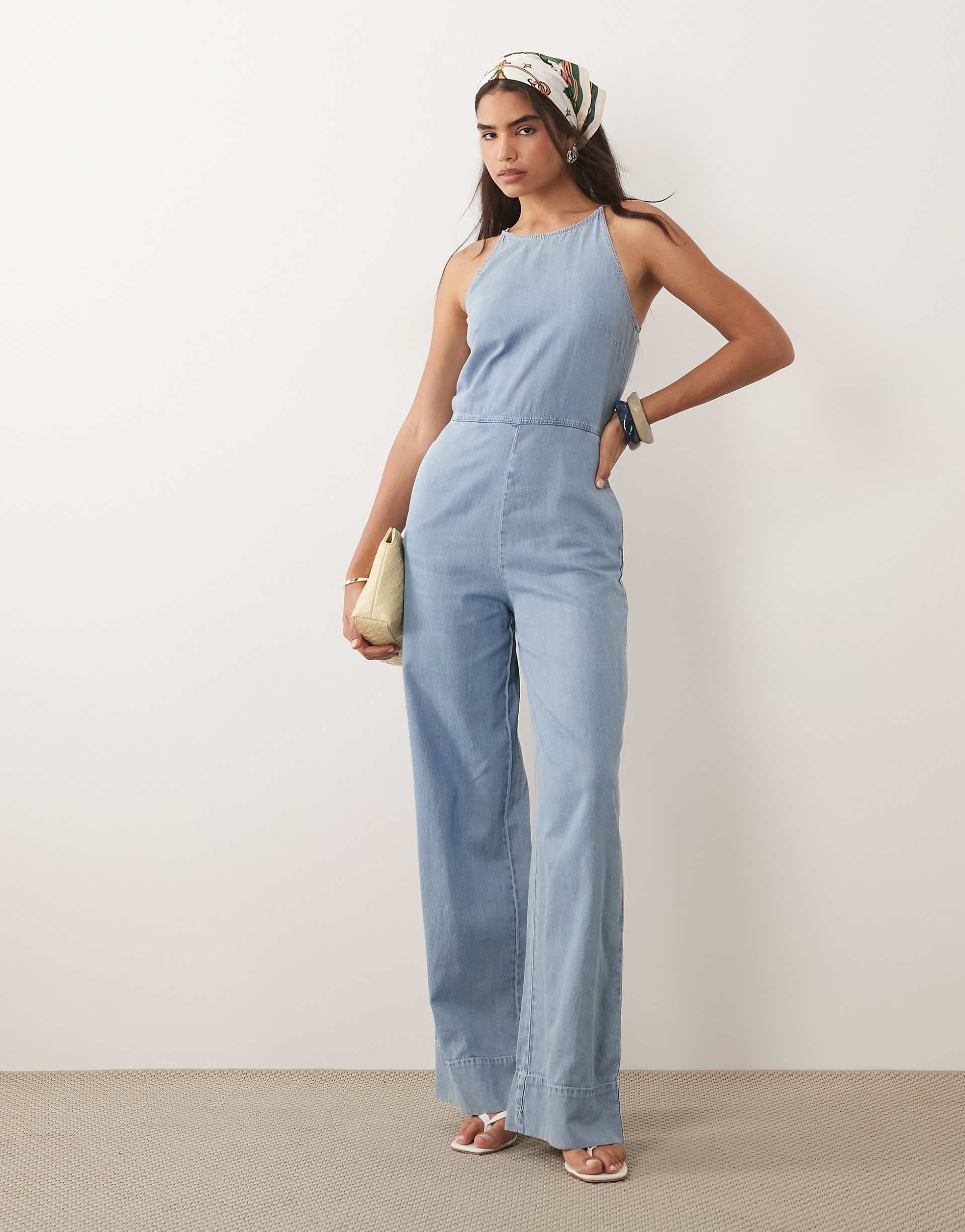 Mango 100% cotton denim jumpsuit in light blue