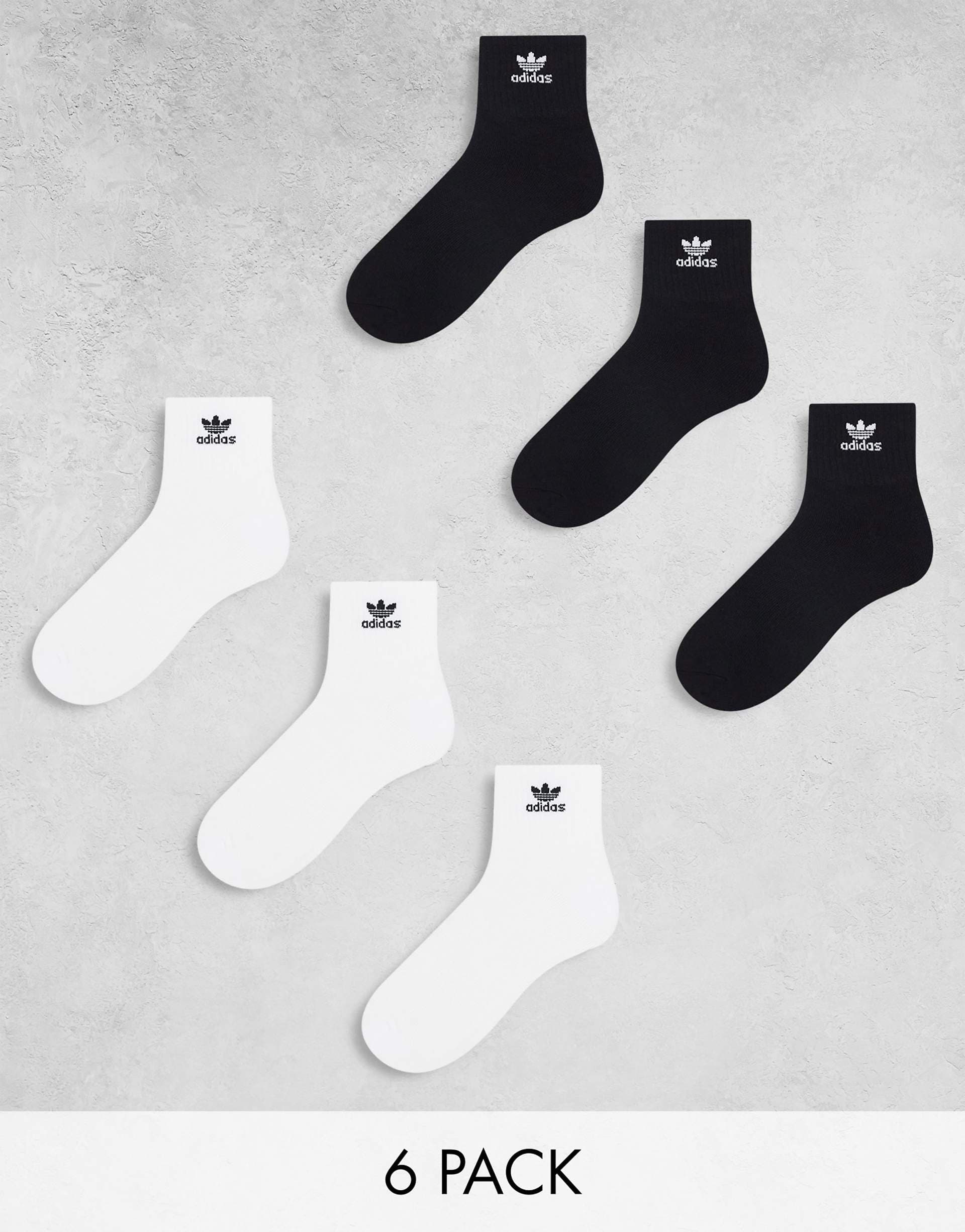adidas Originals Trefoil 6-Pack Quarter socks in black and white