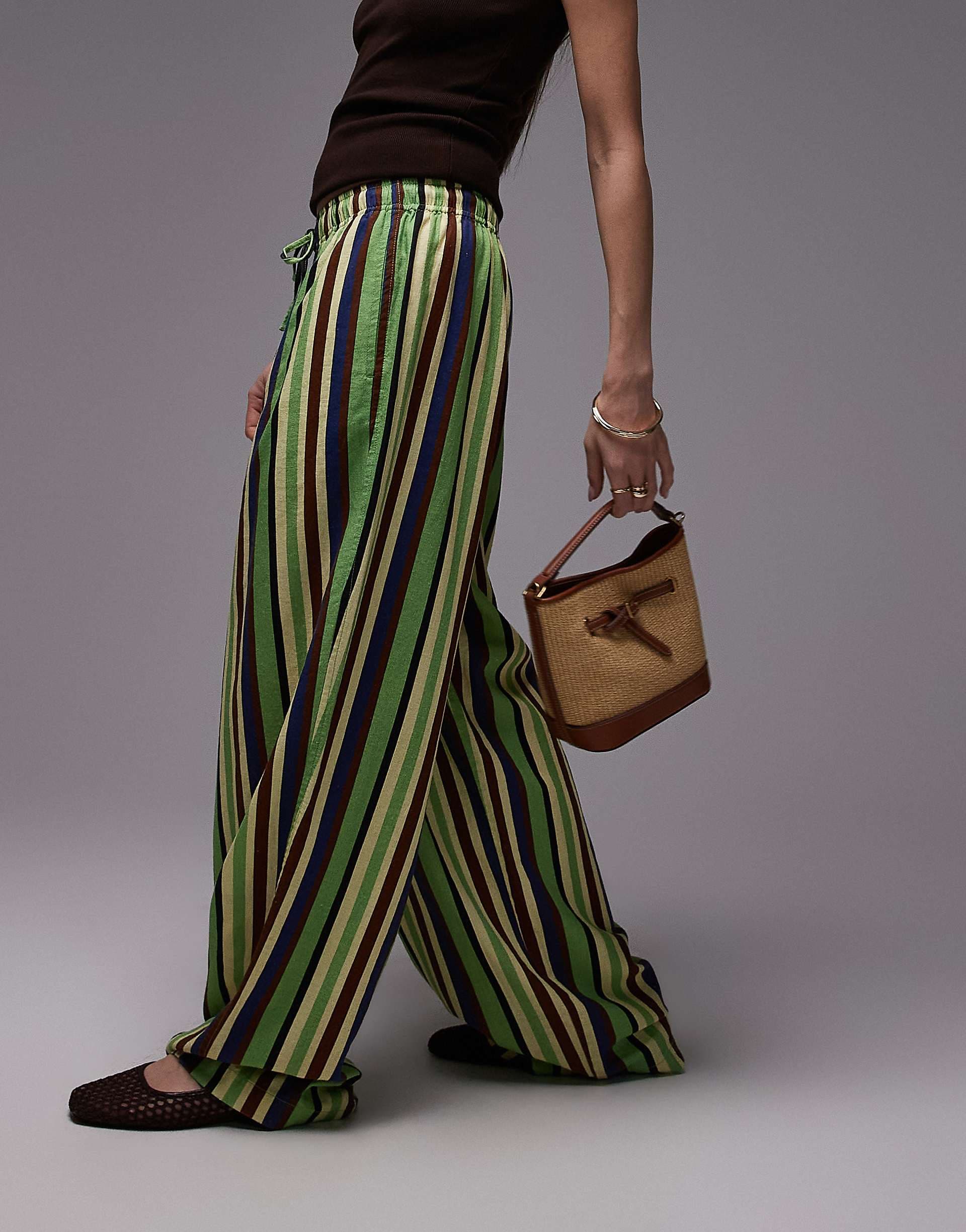 Topshop linen mix balloon pants in green variegated stripe