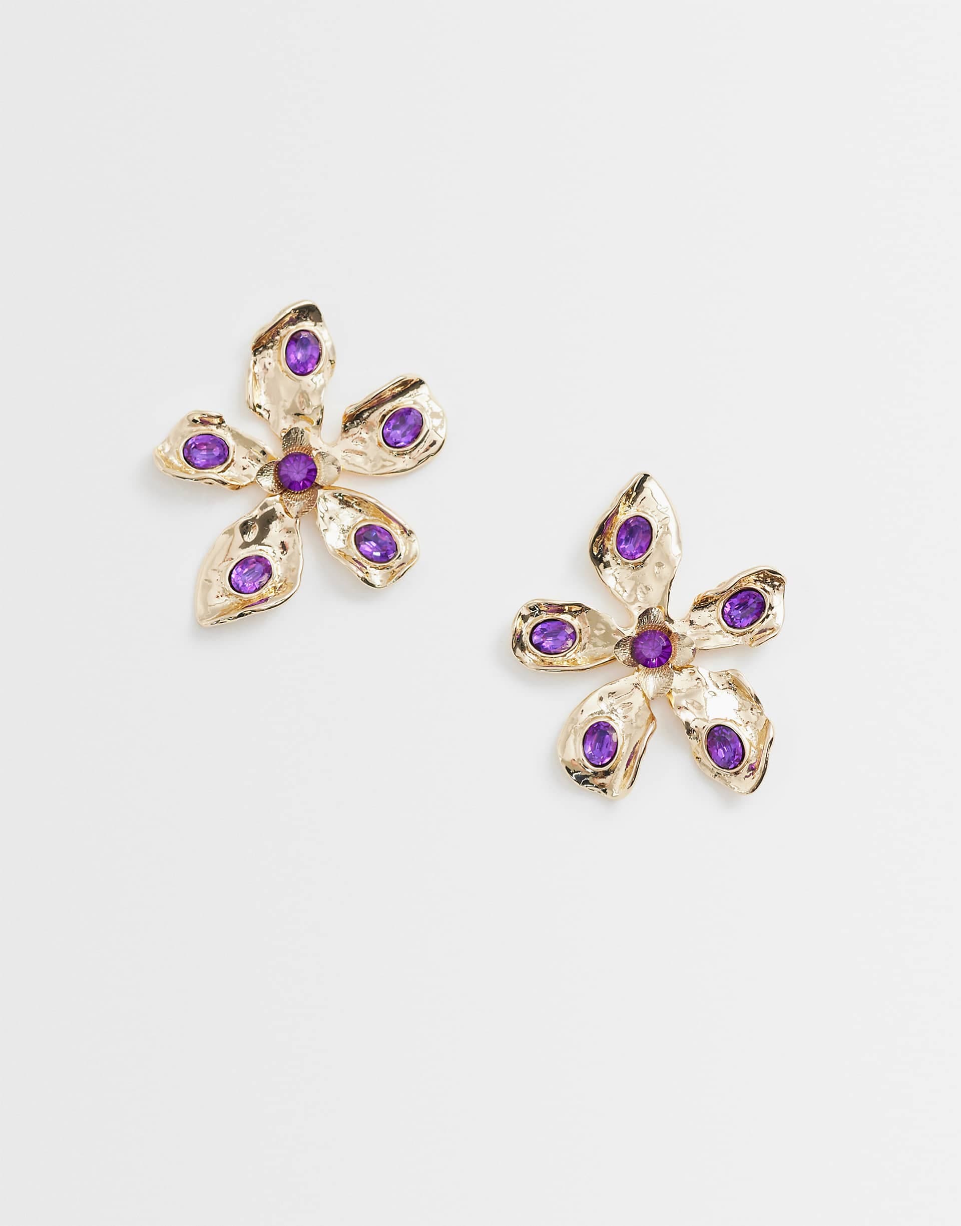 ASOS DESIGN floral stud earrings with stone-setting details in gold tone