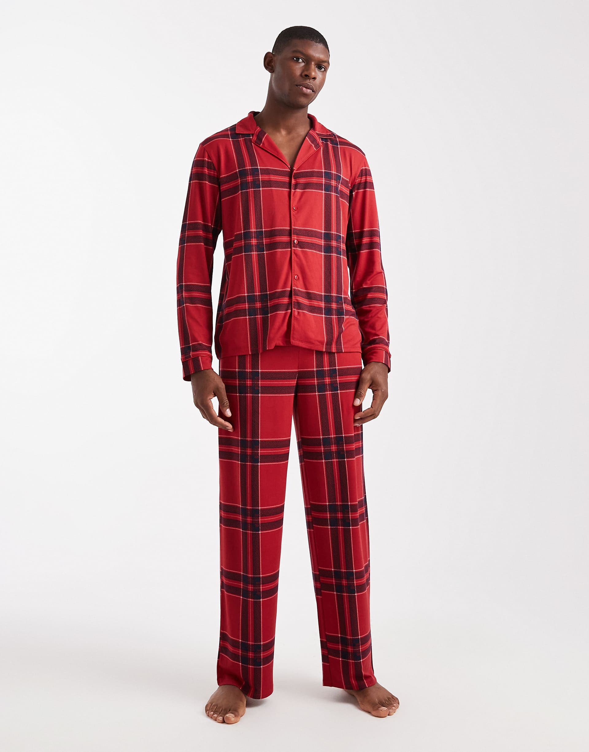 Urban Threads Christmas long sleeve revere and pants pajama set in red check print