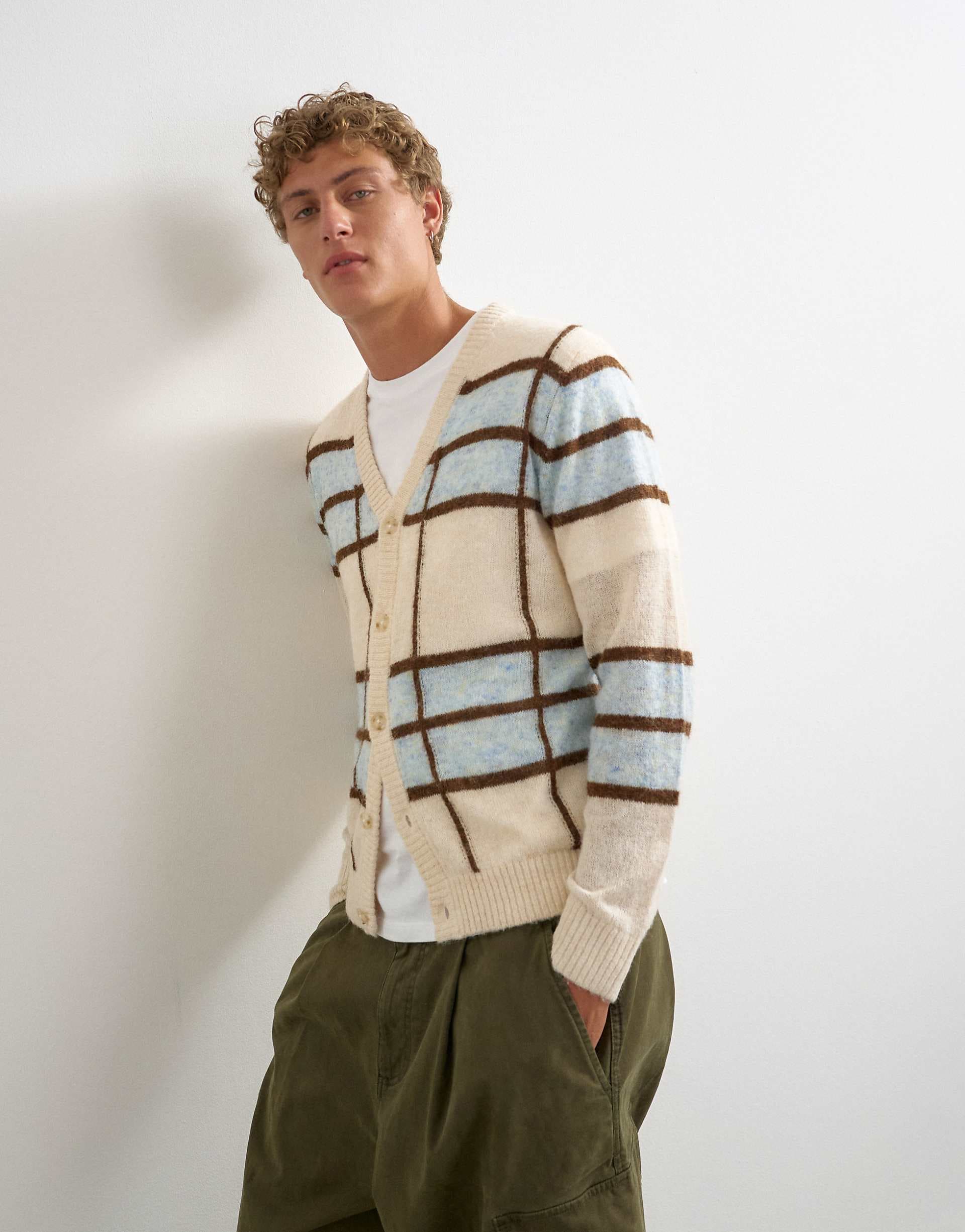 Topman classic fit sheer knit cardigan with check in ecru