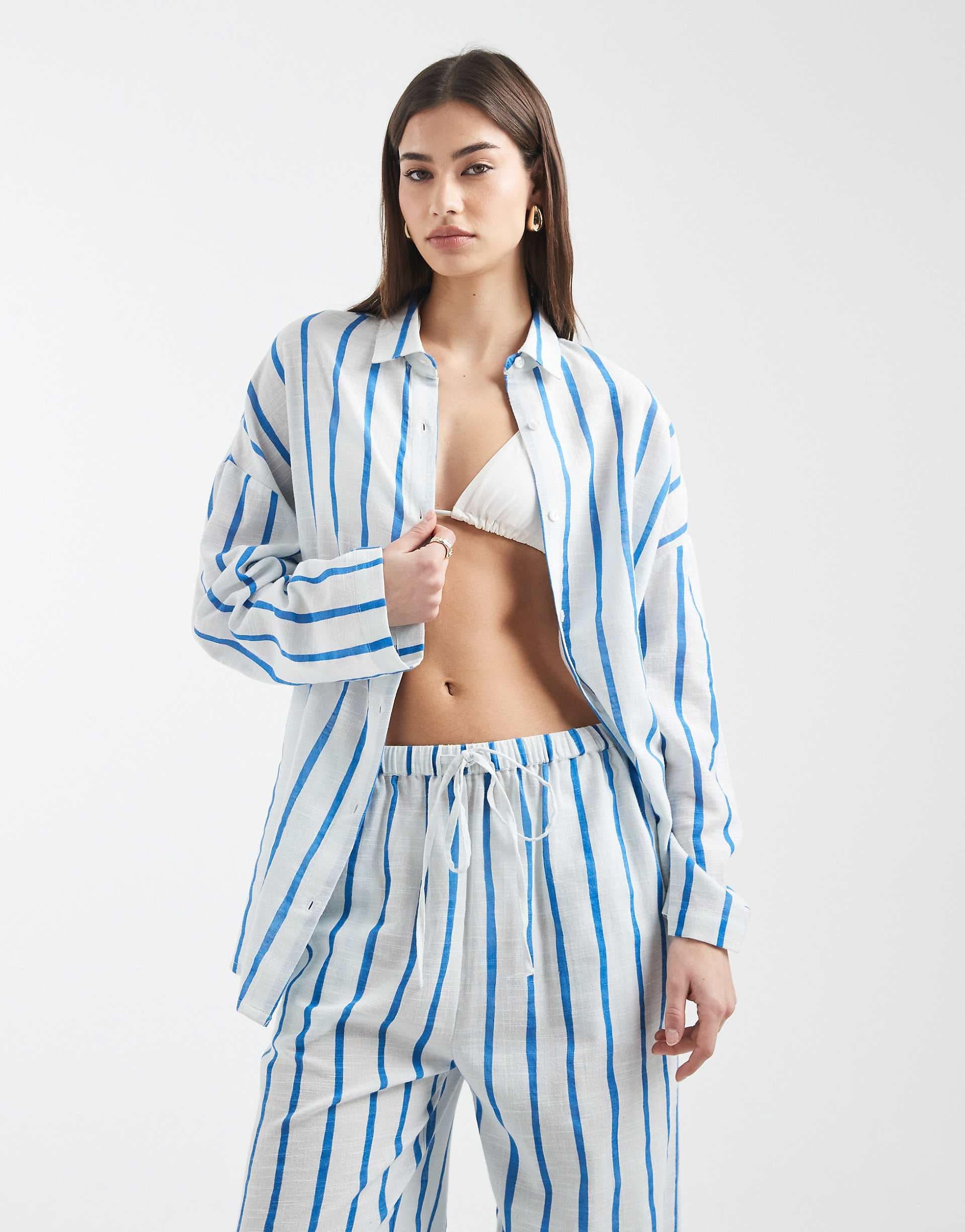 Aray long sleeve beach shirt in blue stripes