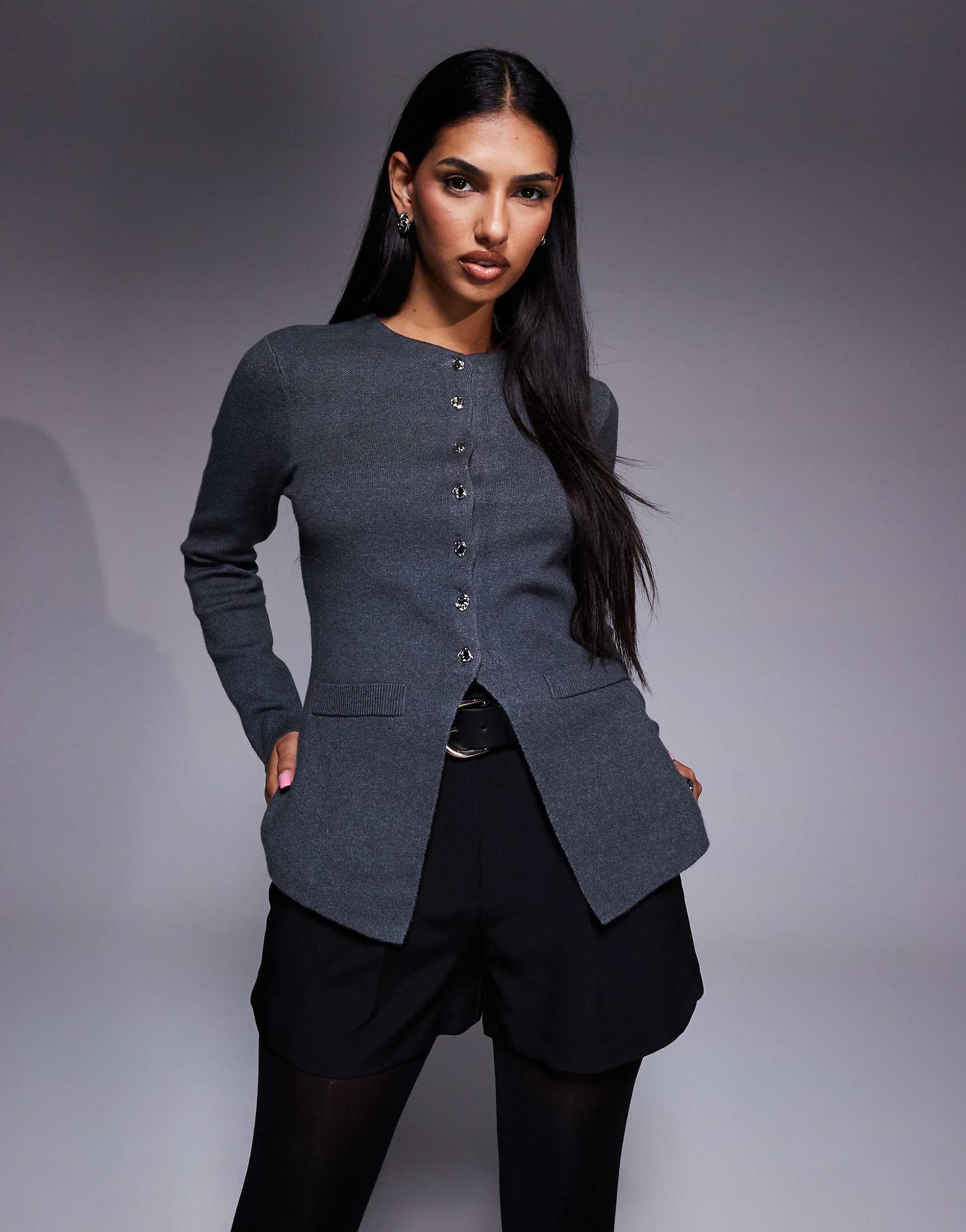 River Island knitted longline cardigan in dark gray