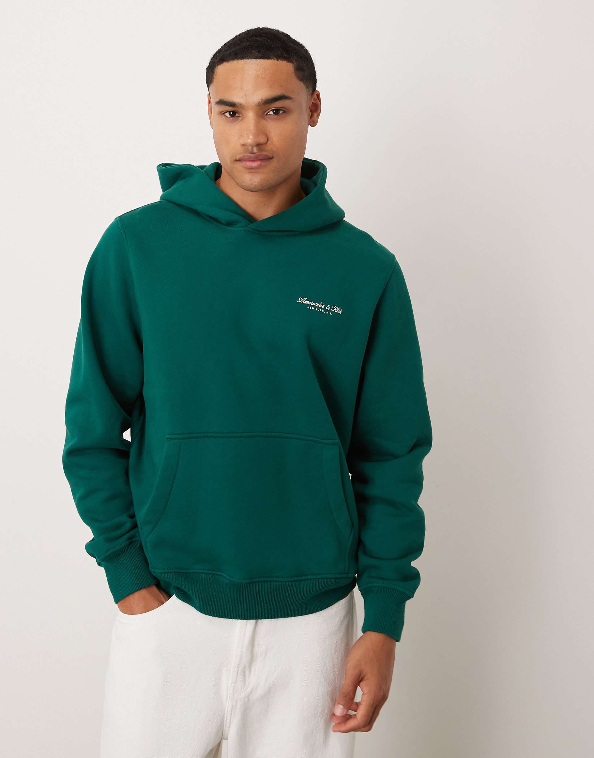 Abercrombie & Fitch premium chest logo front pocket hoodie in green