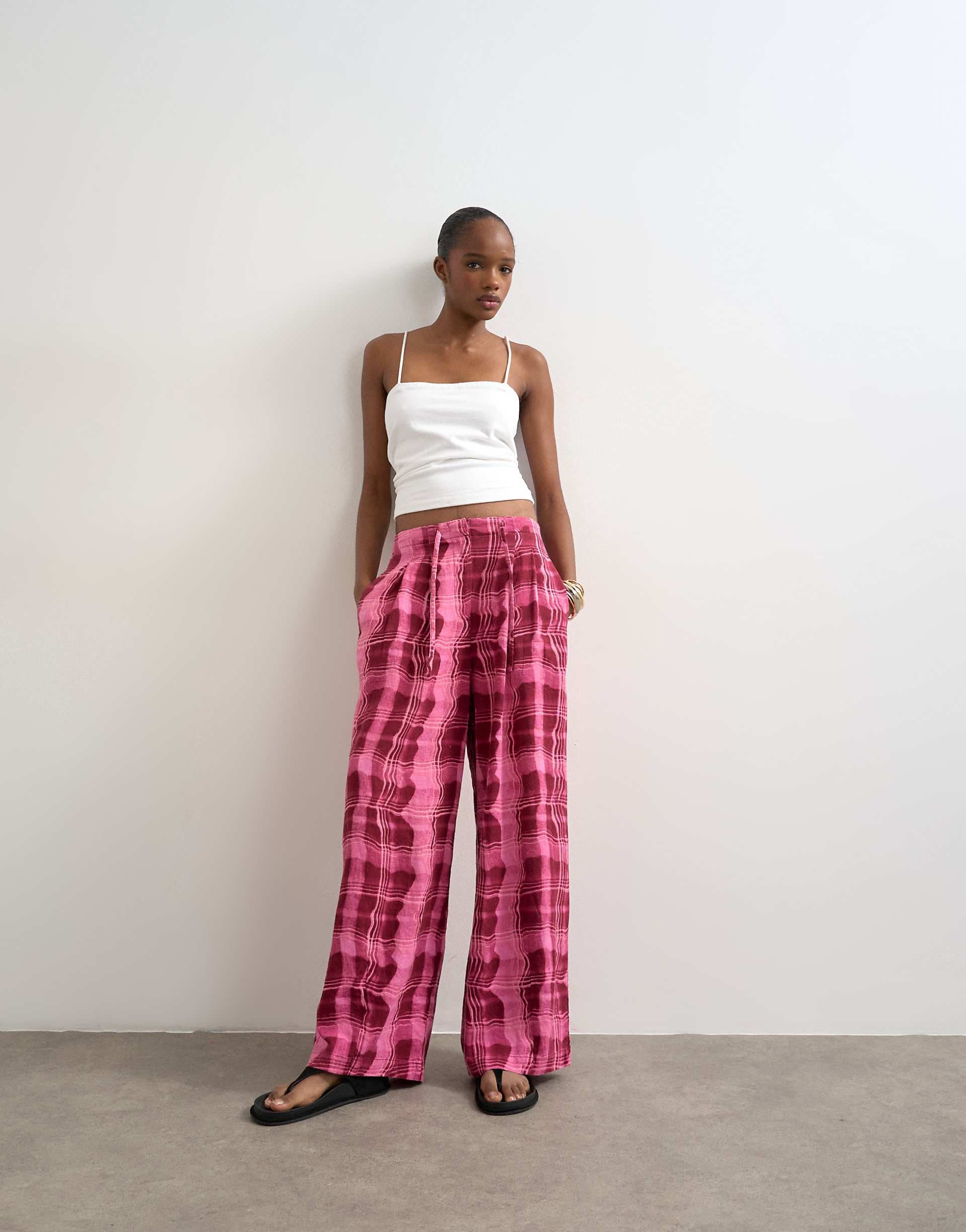 Topshop linen blend balloon pants with tie waist in pink plaid