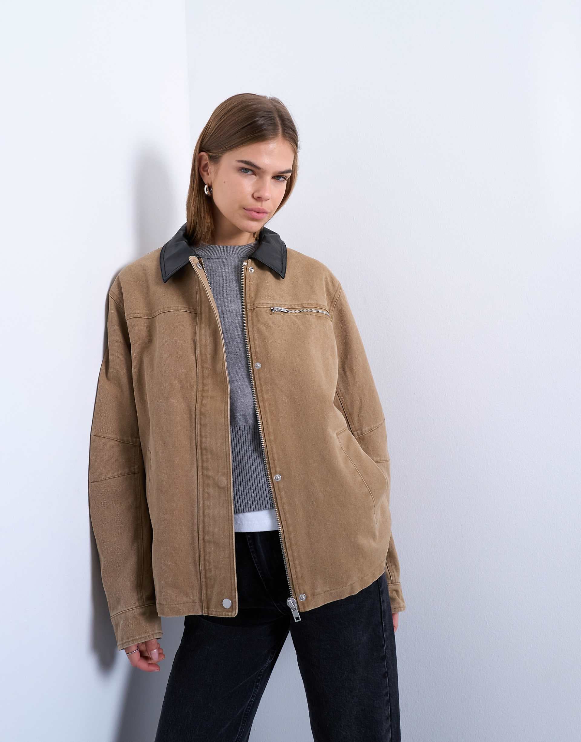 Topshop zip up barn jacket with contrast PU collar in tan