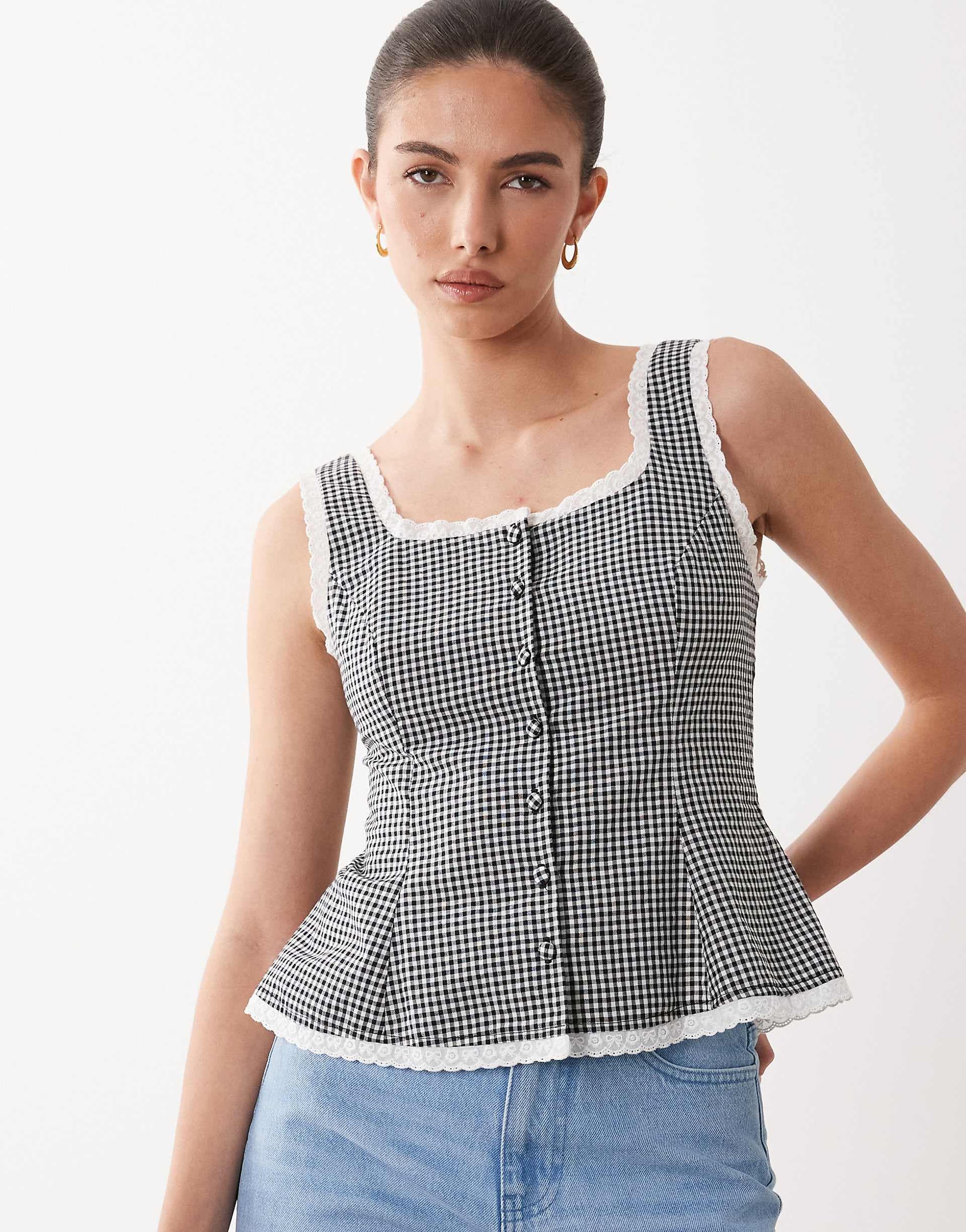 Nobody's Child Deia cotton contrast trim button up peplum top in black and white gingham