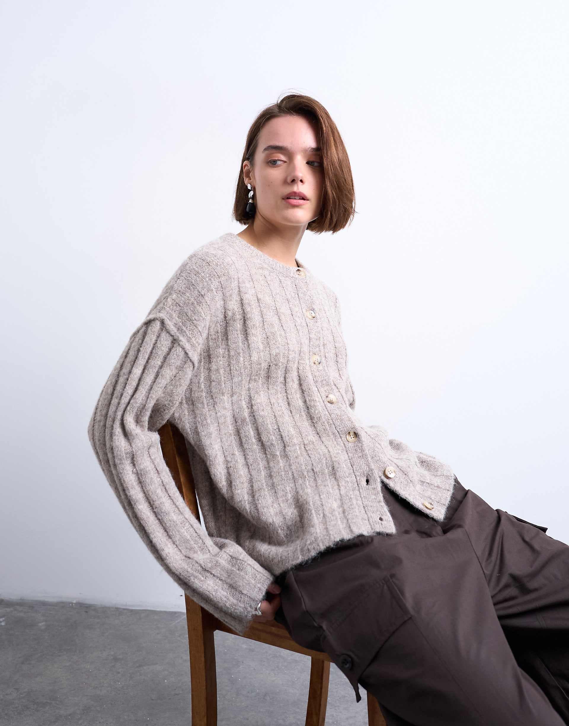 Topshop knit wider ribbed cardigan in oat