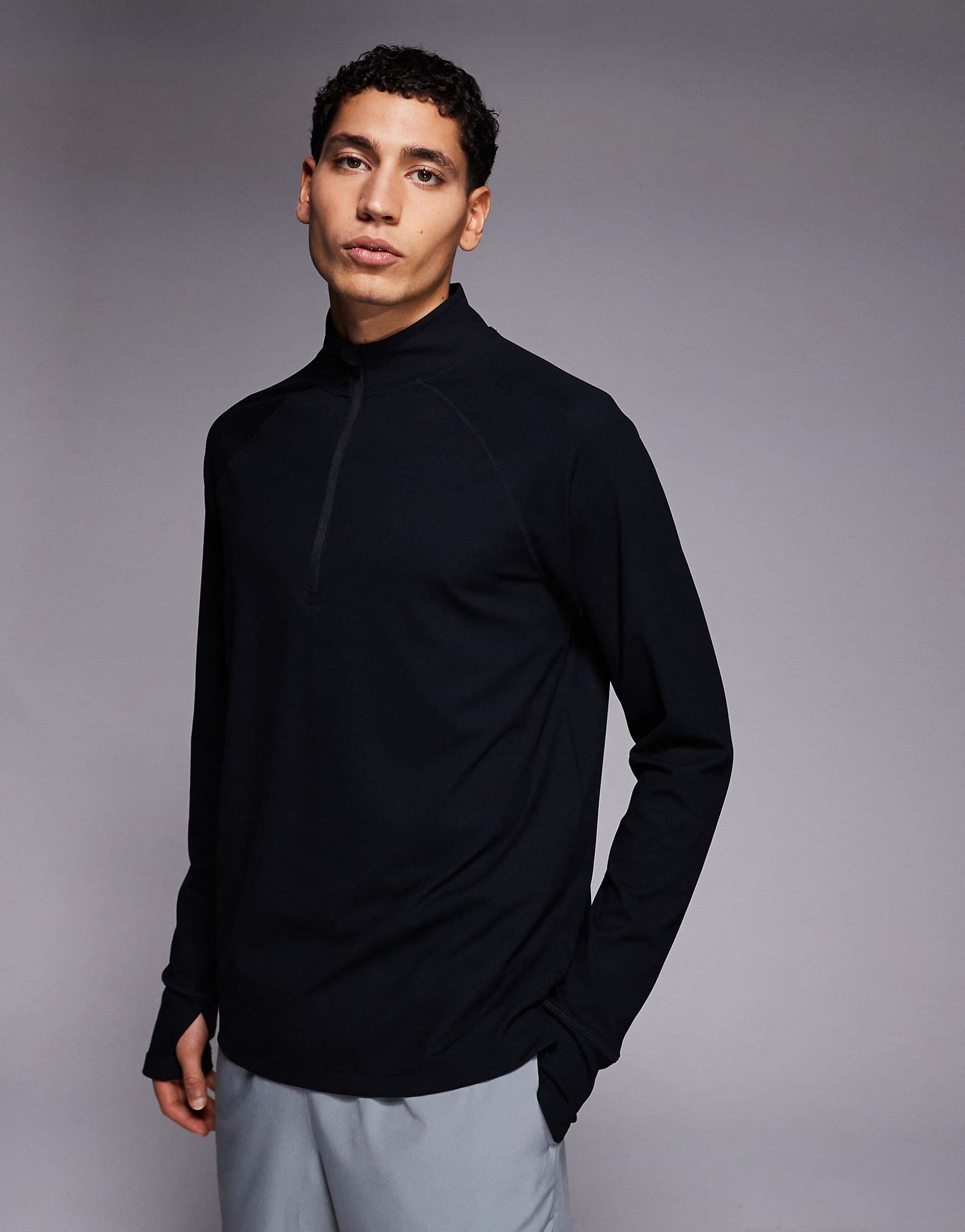 4505 engineered performance waffle quarter zip long sleeve running top in black