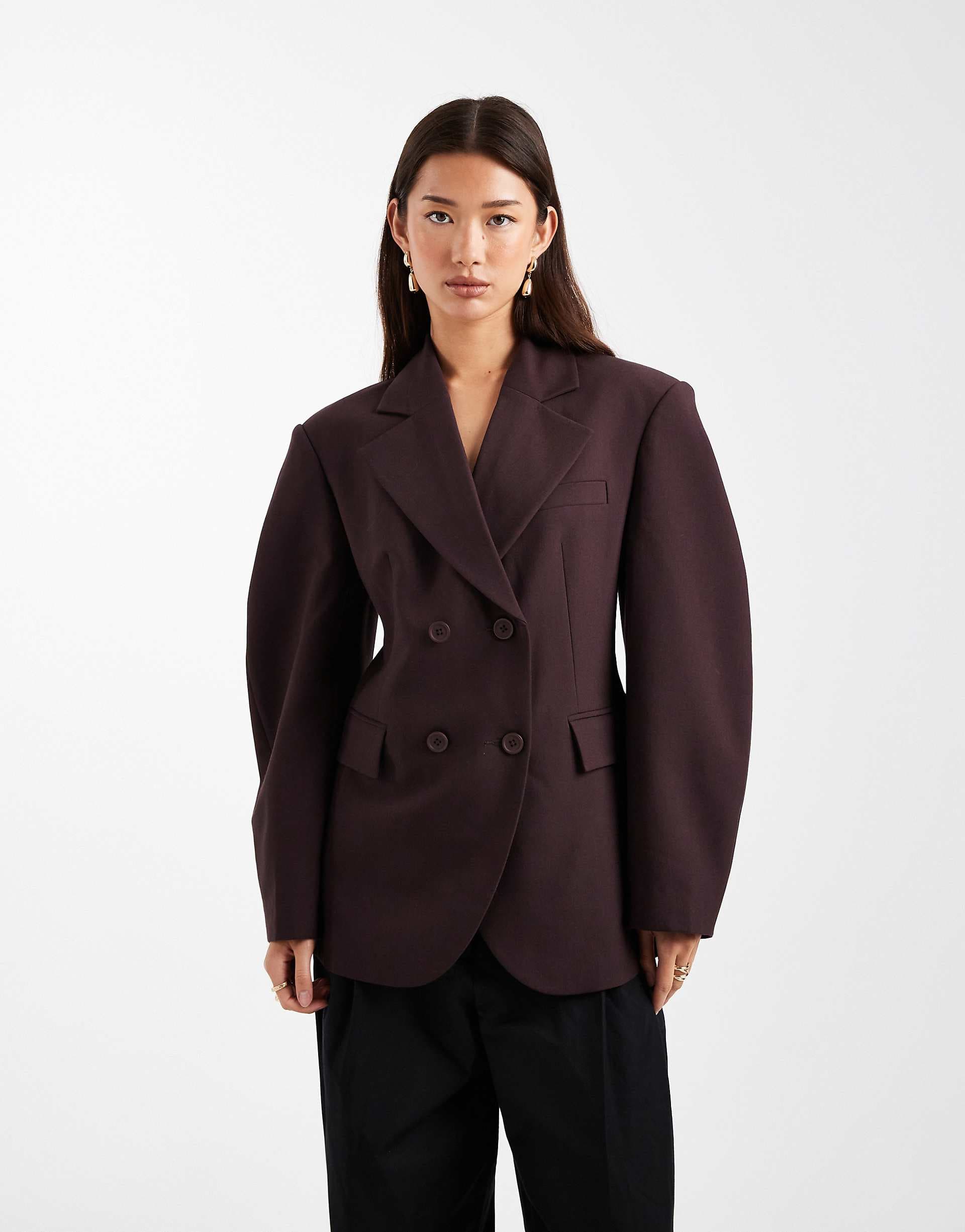 ASOS DESIGN tailored cocoon sleeve double breasted blazer in chocolate