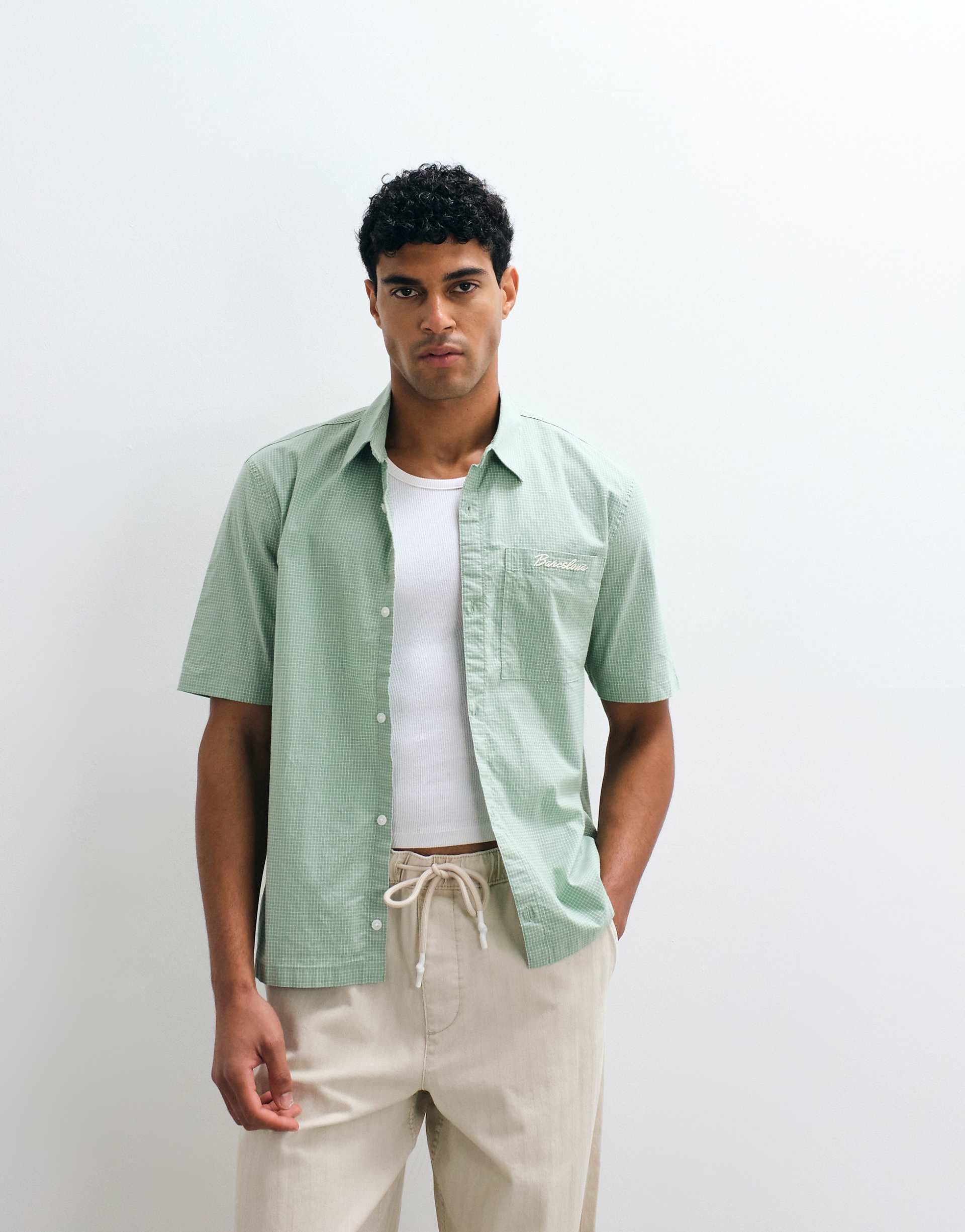 Hollister graphic short sleeve shirt in green micro plaid