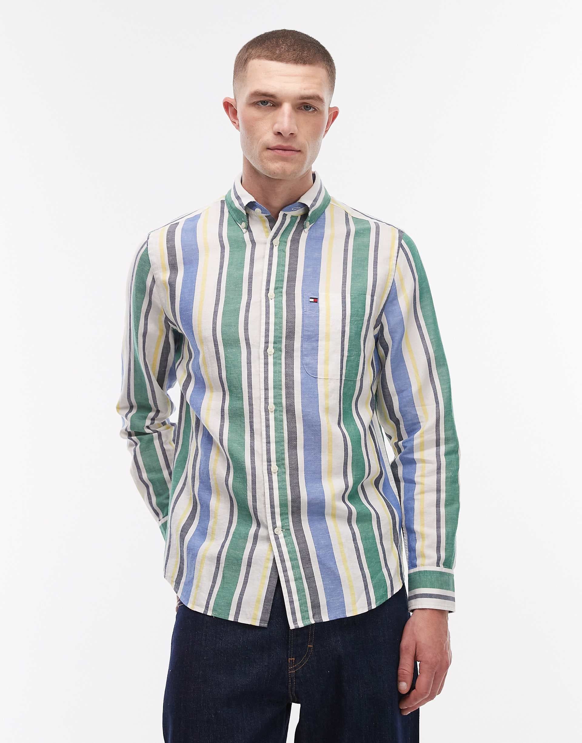 Tommy Hilfiger linen blend shirt in green & blue stripes