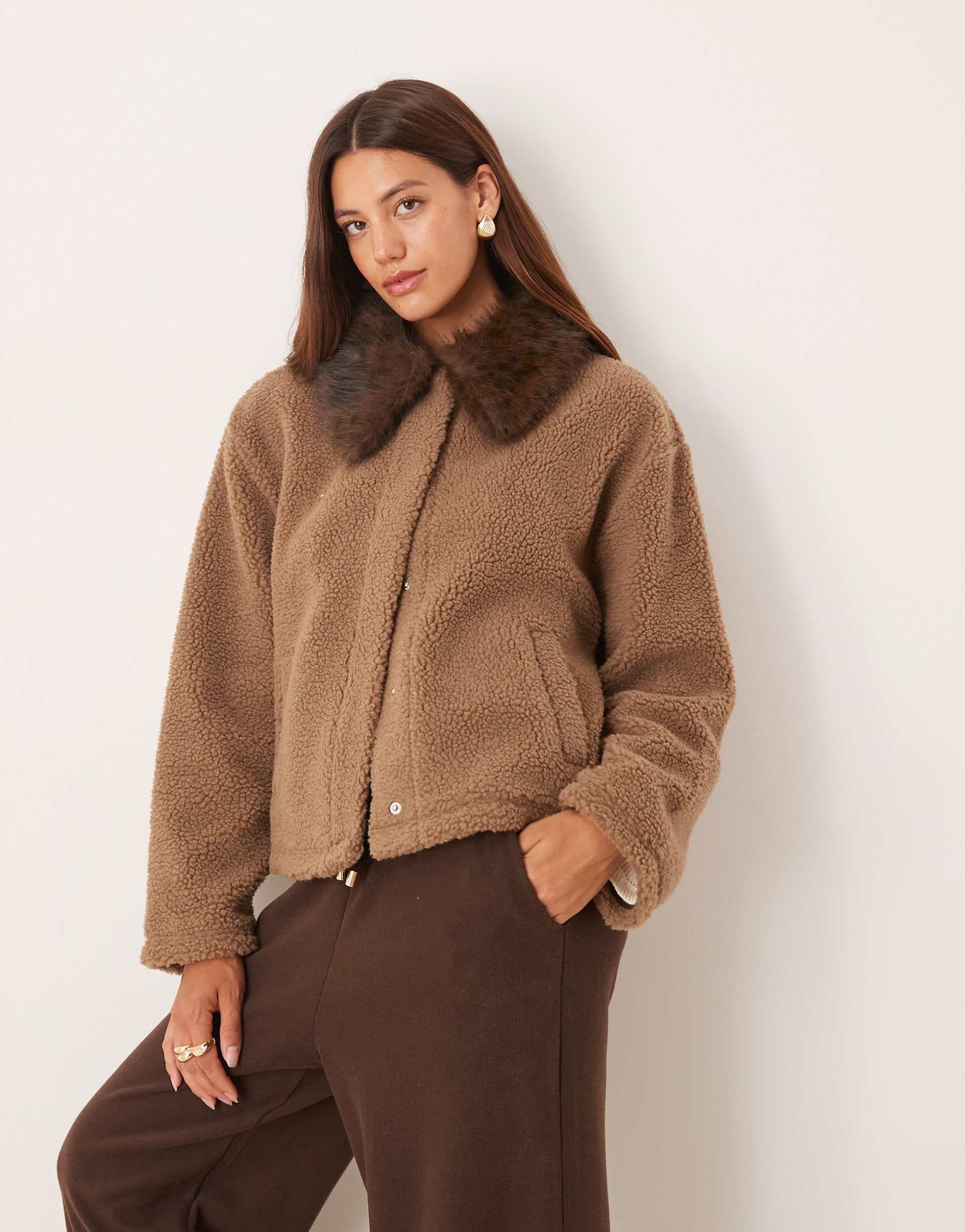 ASOS DESIGN borg fleece jacket with leopard faux fur collar