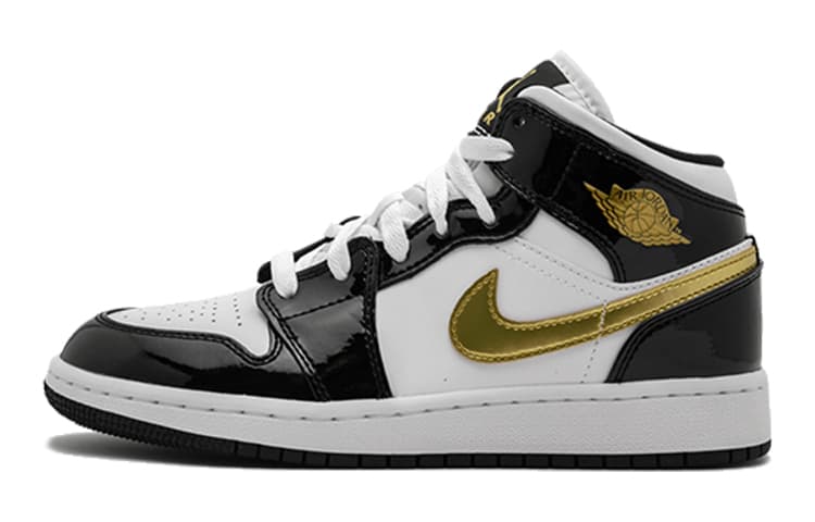 Jordan 1 Mid Patent Black White Gold GS