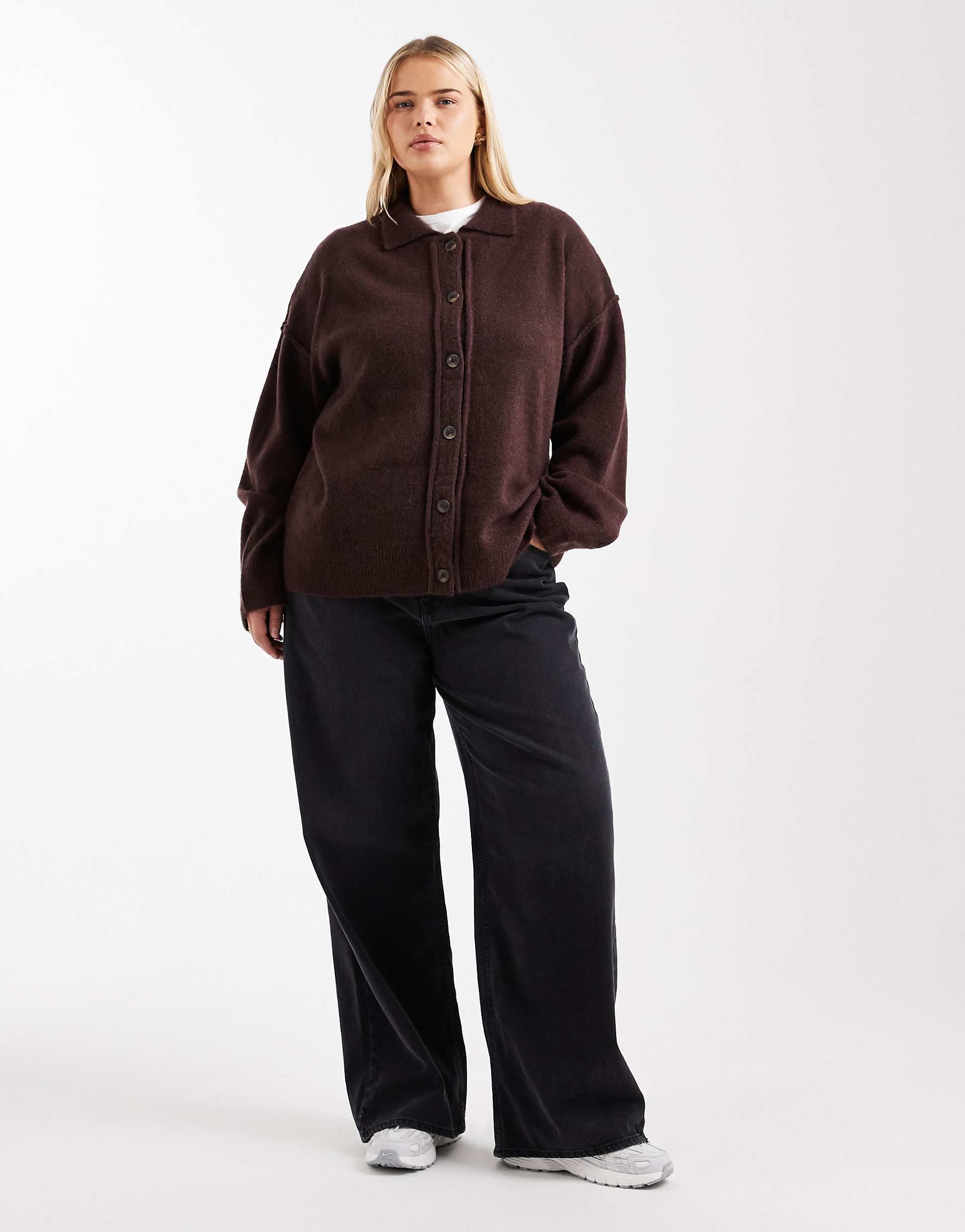 ASOS DESIGN Curve knit collar shirt cardigan with seam detail in plum