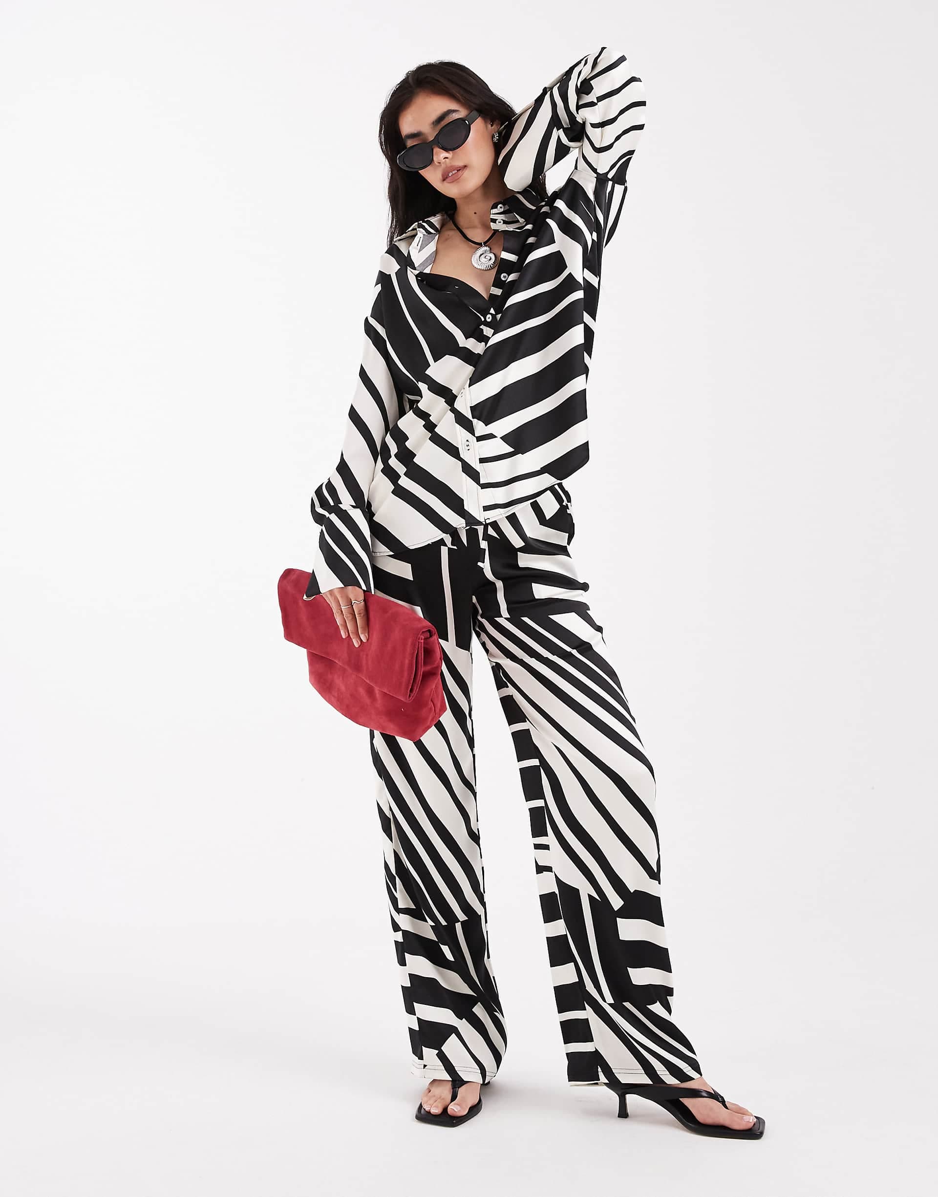 4th & Reckless satin wide leg pants in black and white print - part of a set