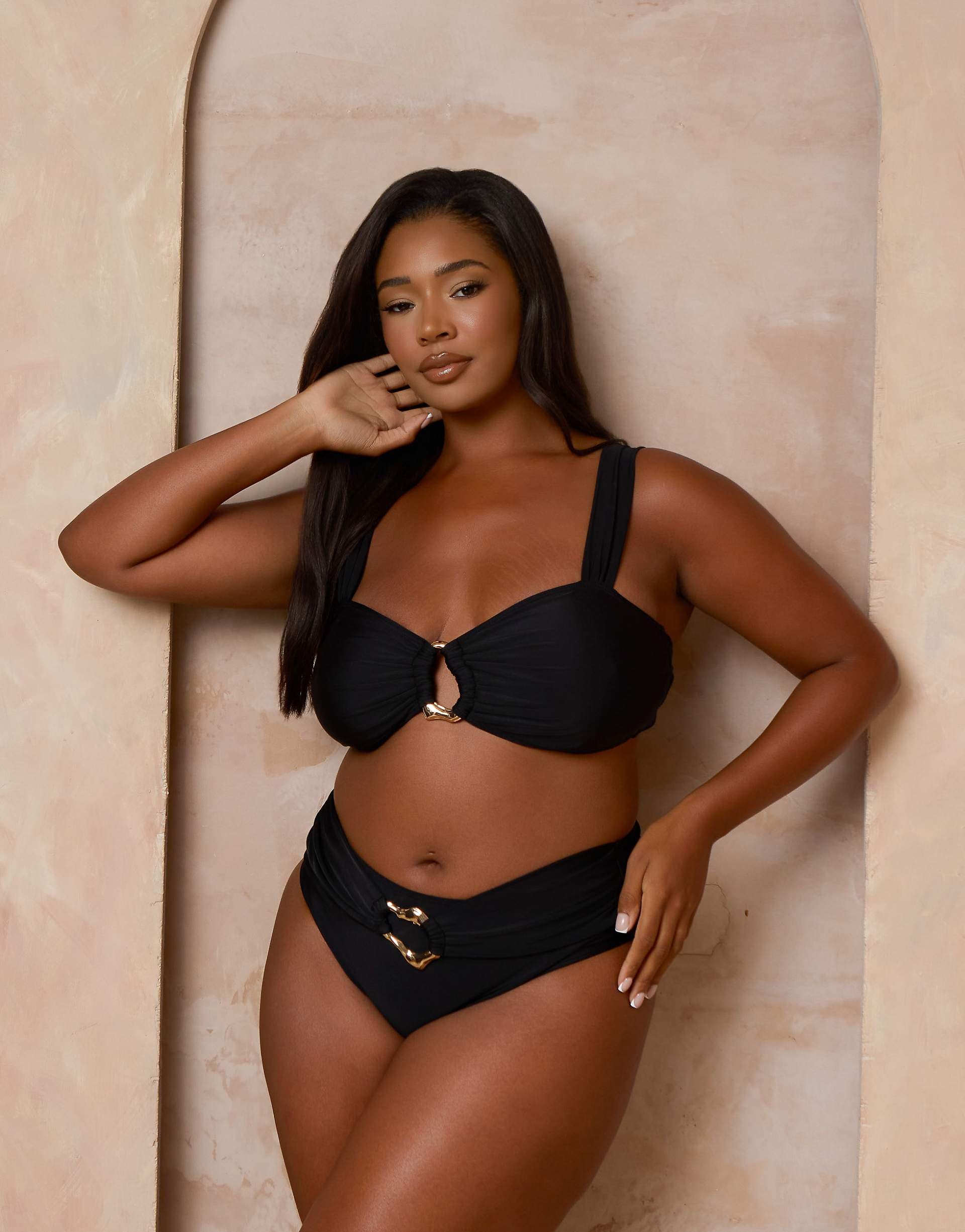 Moda Minx Curve x Alessa Tyrrell-Charles high waist bikini bottom with hoop detail in black