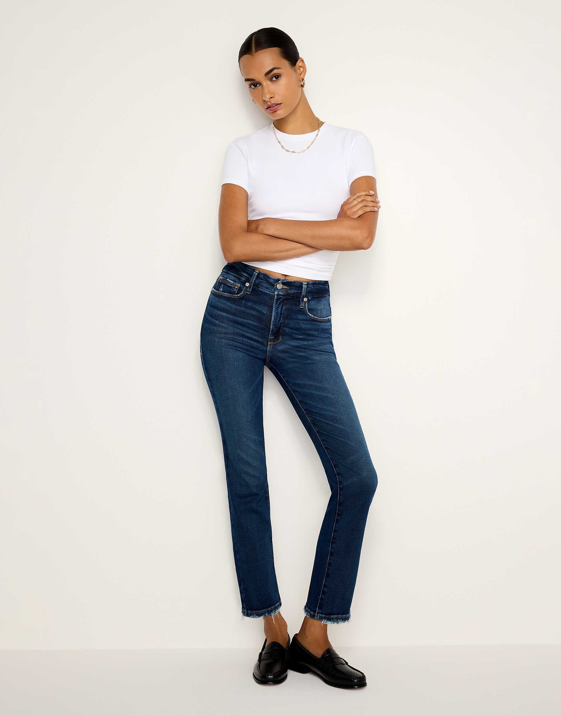 Good American soft tech good legs straight leg jeans in dark blue wash