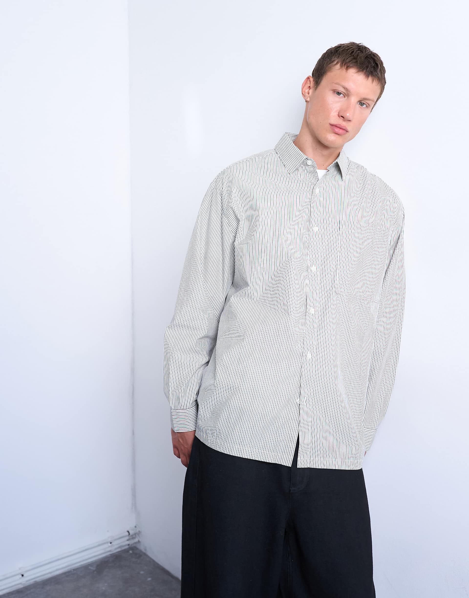 Topman oversized fit striped shirt in black & ecru