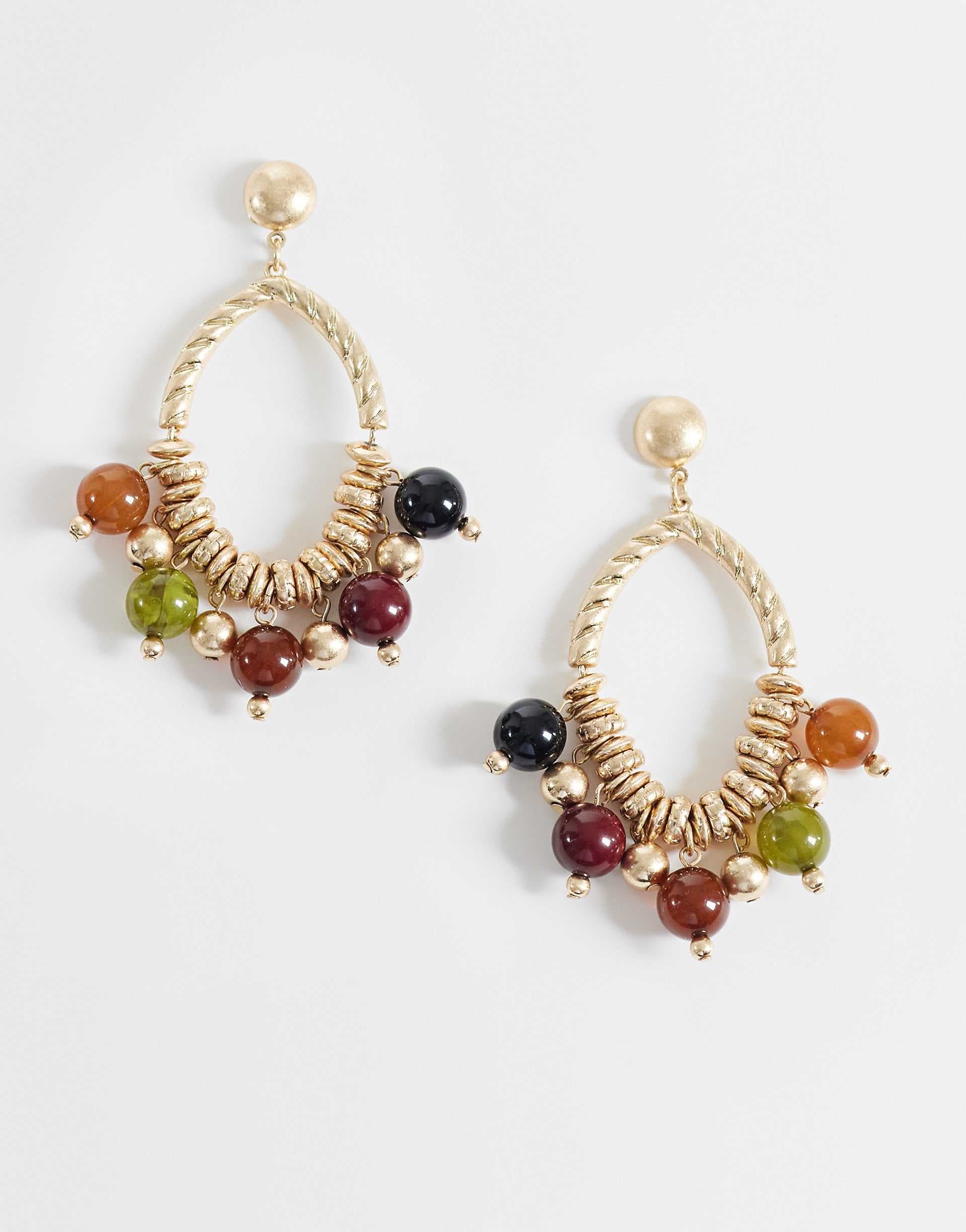 ASOS DESIGN pendant loop earrings with resin beads in brushed gold tone