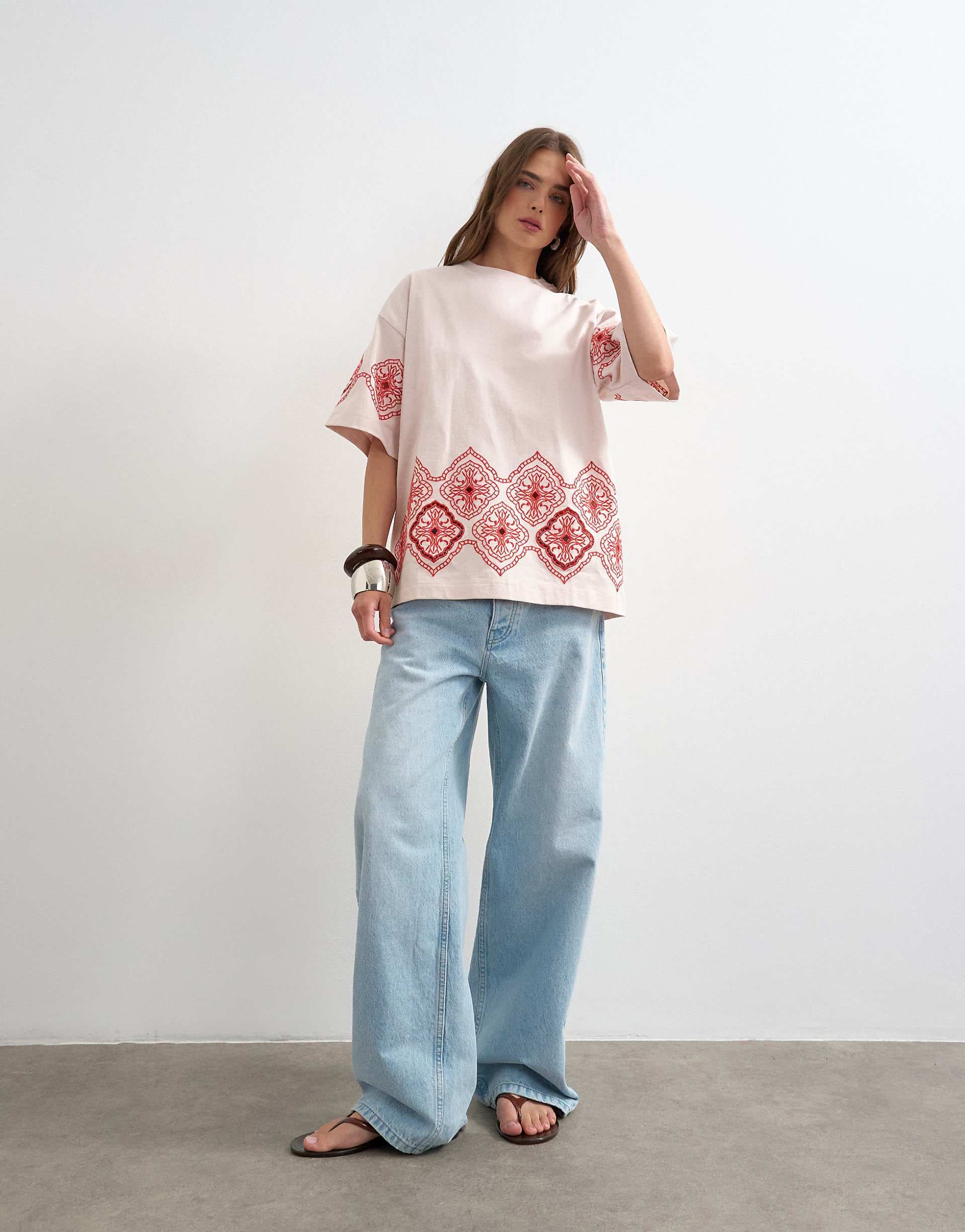 Topshop embroidered contrast cut out oversized t-shirt in light pink