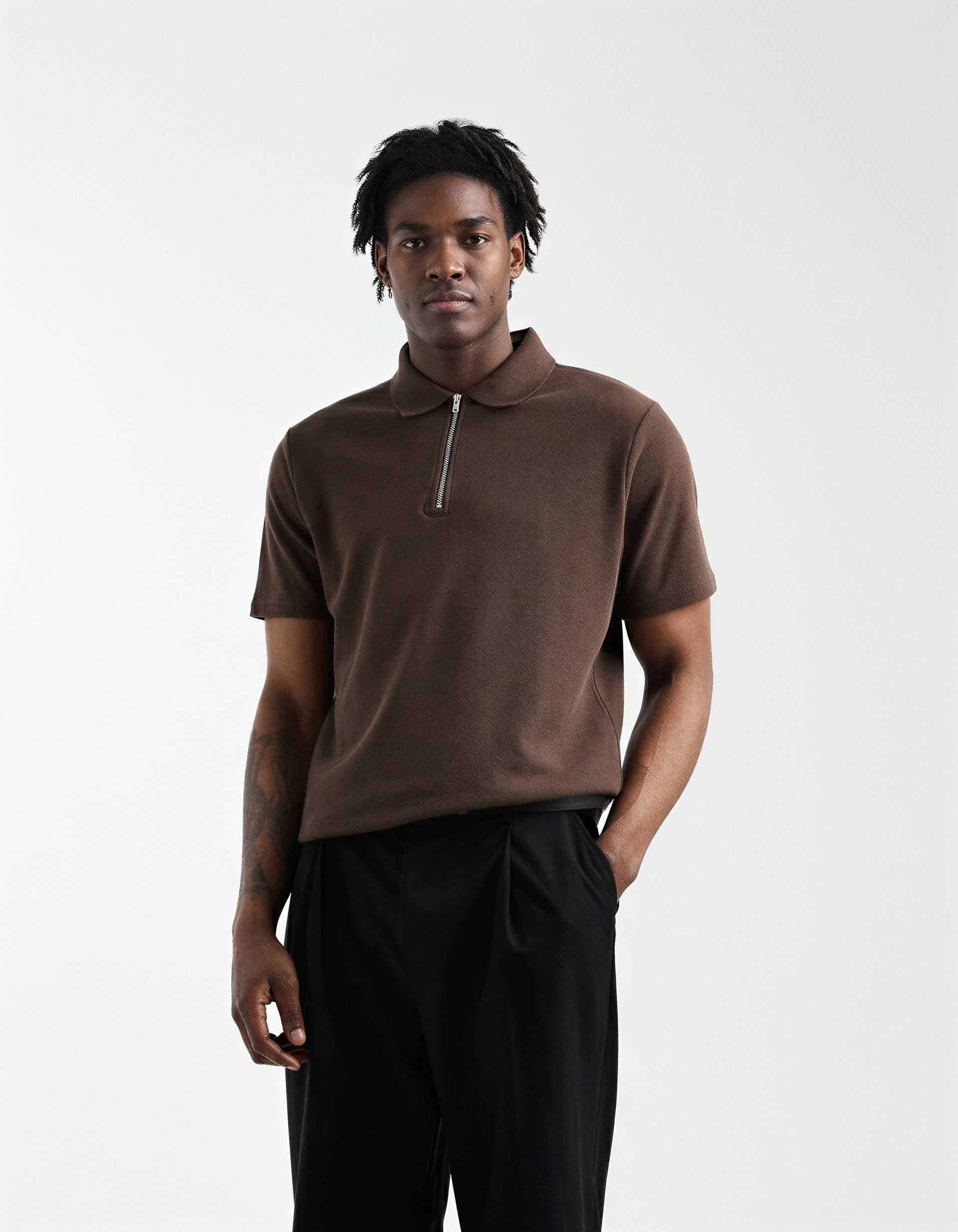 ASOS DESIGN regular fit polo with quarter zip in brown boucle