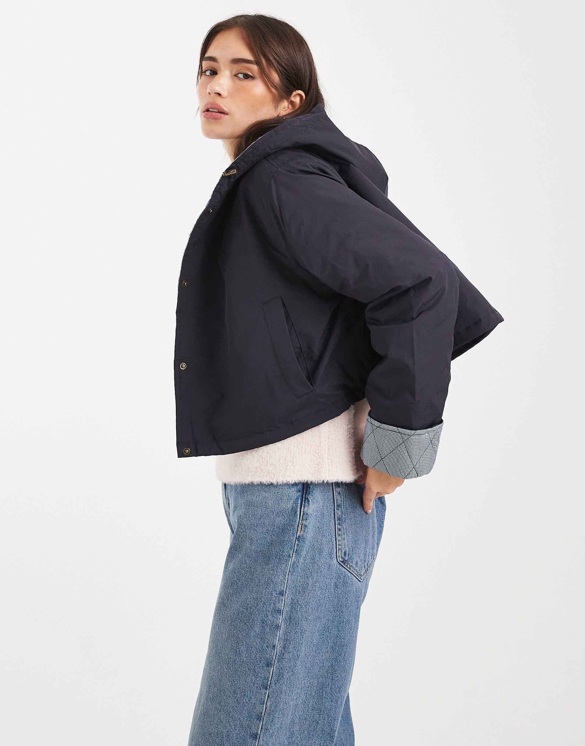ASOS DESIGN hooded cropped jacket with gingham lining in navy