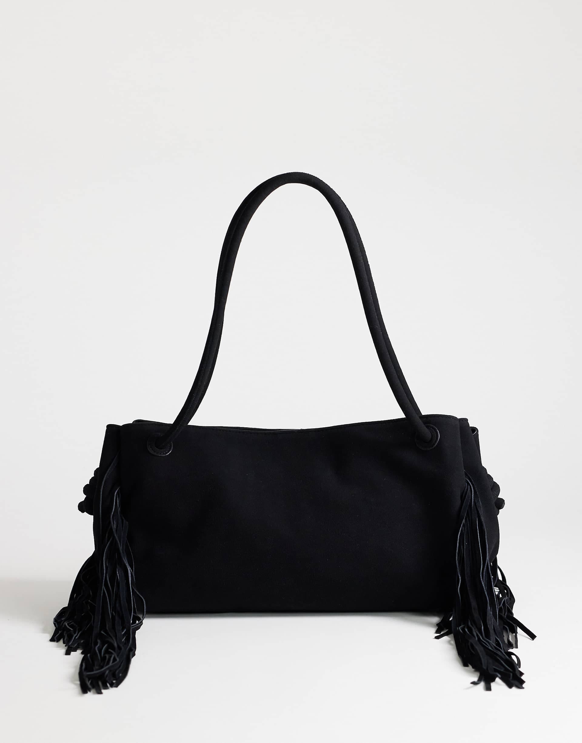 Topshop Maisie large shoulder bag with real leather tassels in black