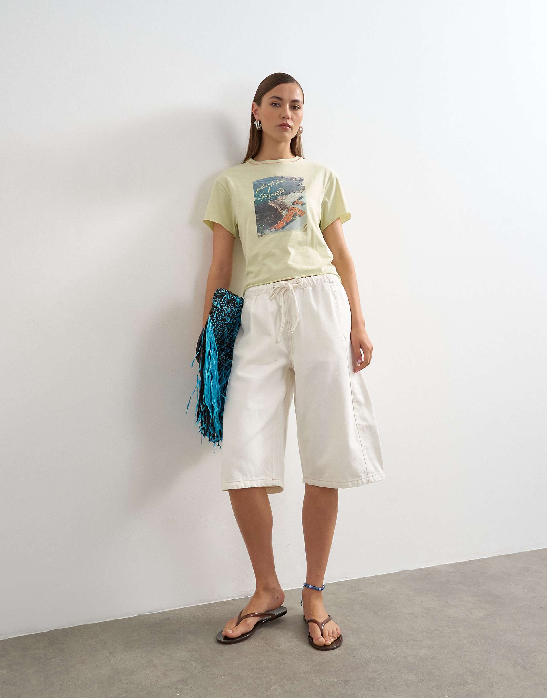 Topshop denim pull on barrel shorts in bone