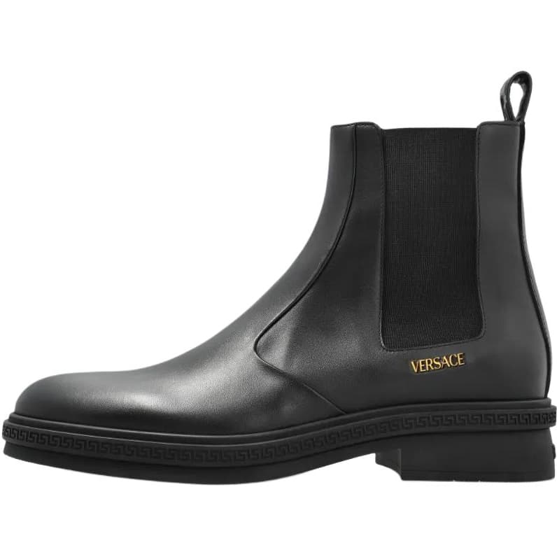 VERSACE Greca Calfskin Round-Toe Pull-On Short Chelsea Boots Men's Black