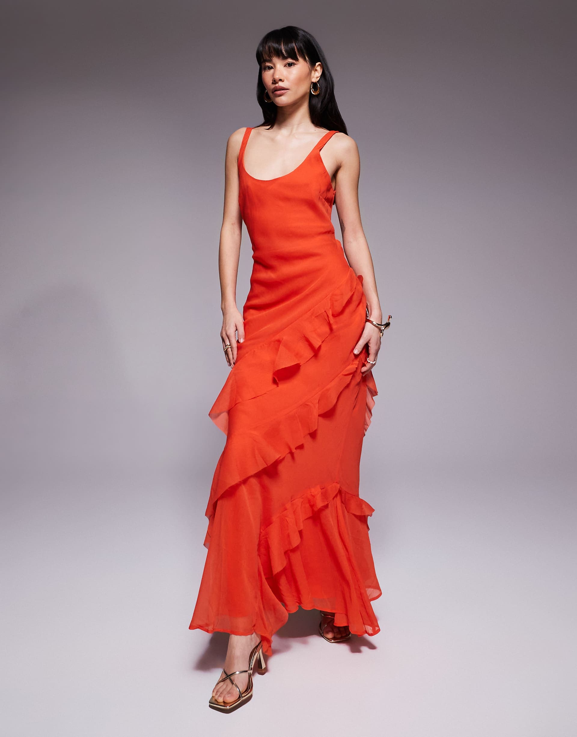 ASOS DESIGN Petite scoop neck maxi dress with ruffle skirt and cut-out back in orange