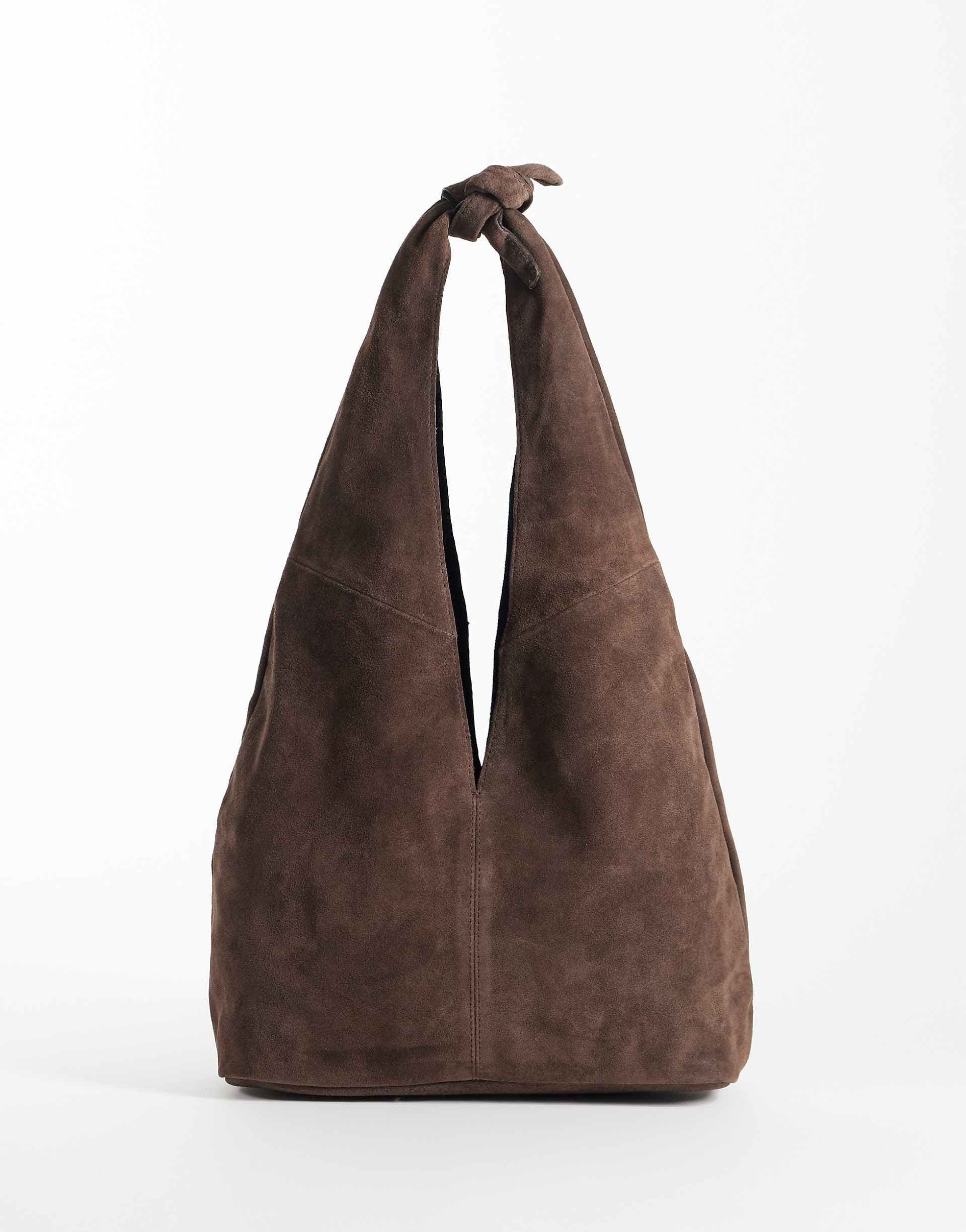 ASOS DESIGN suede tote bag in chocolate with knot detail handle