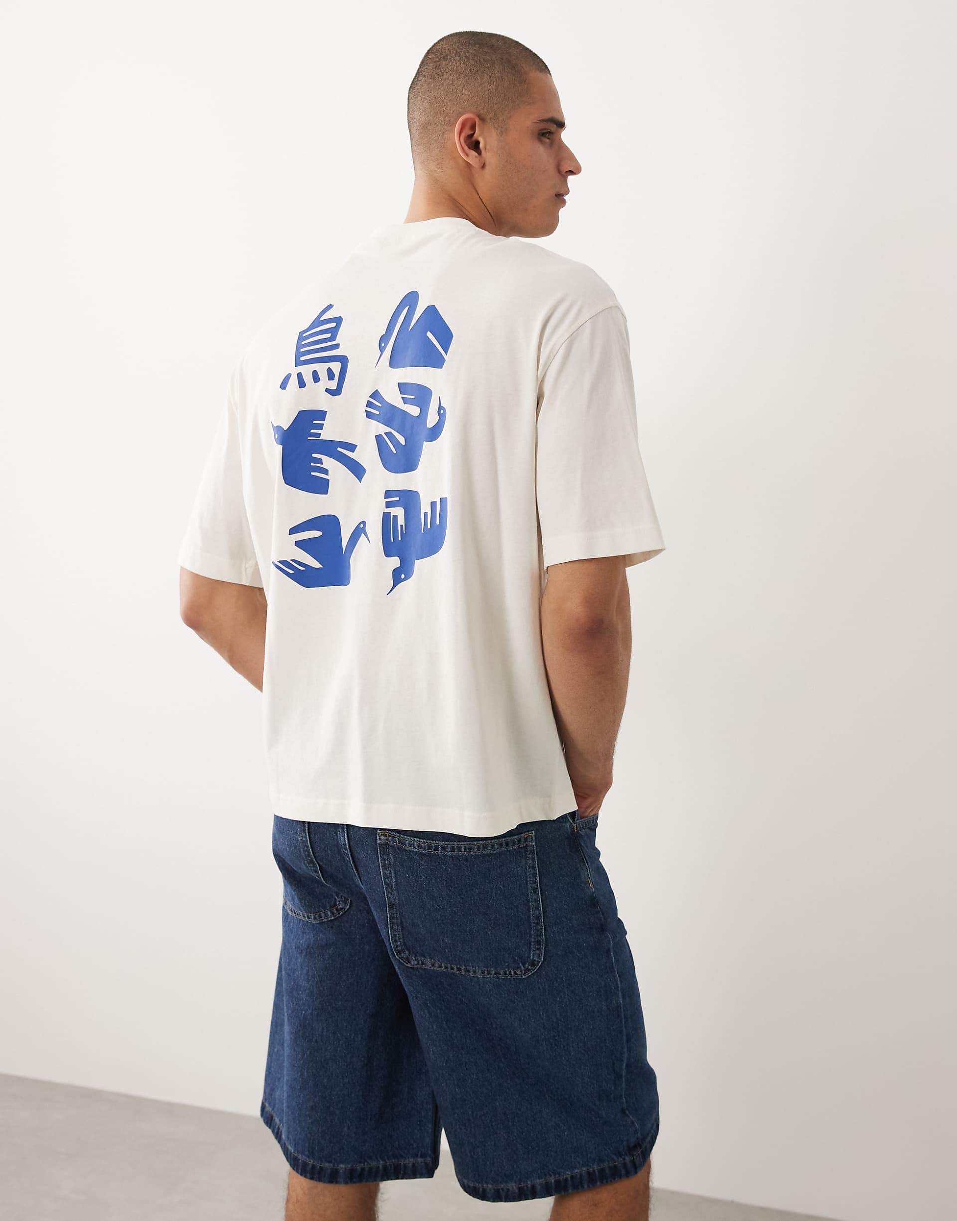 Selected relaxed fit t-shirt with crane ornamental back and chest prints in cream