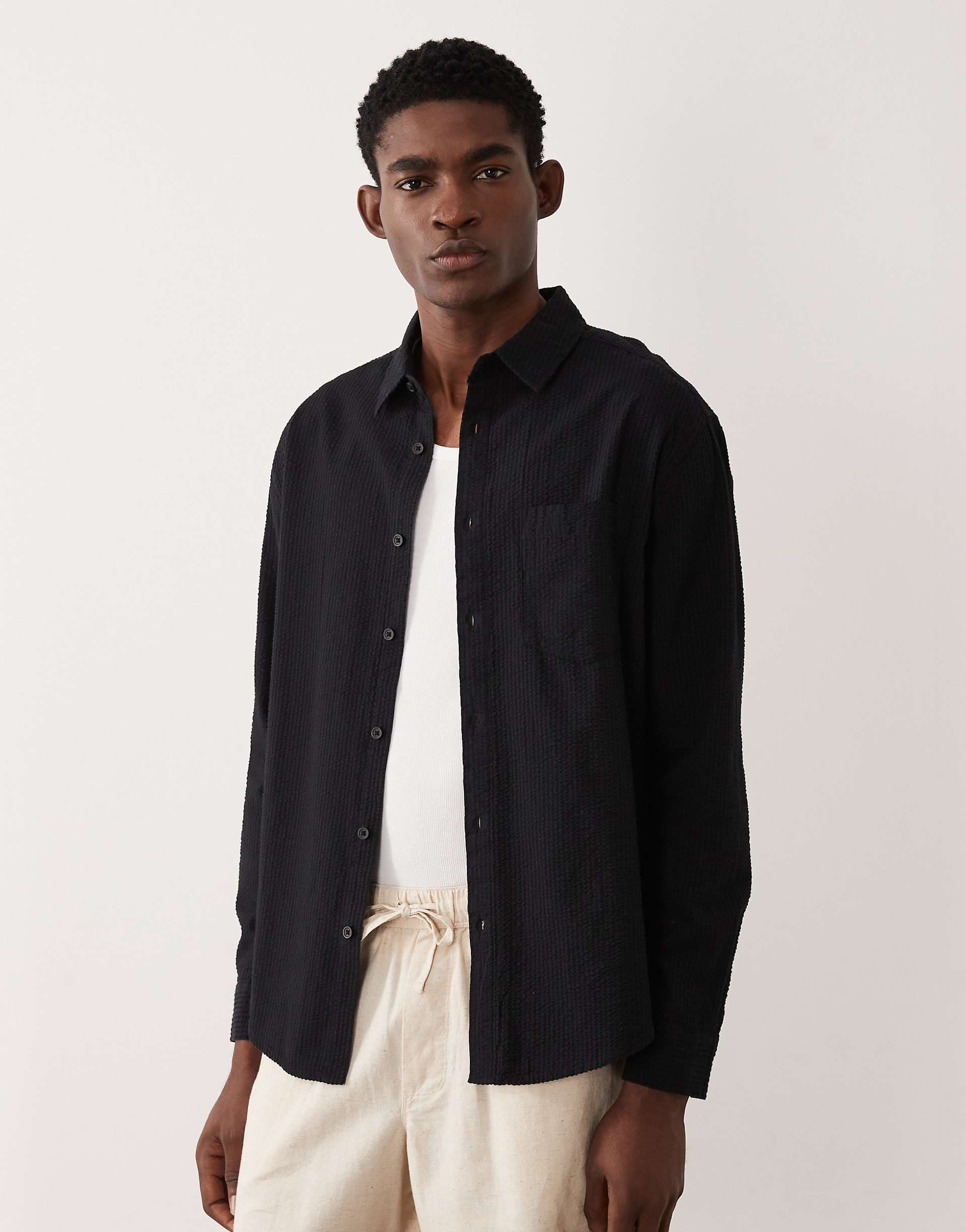ASOS DESIGN relaxed seersucker shirt in black