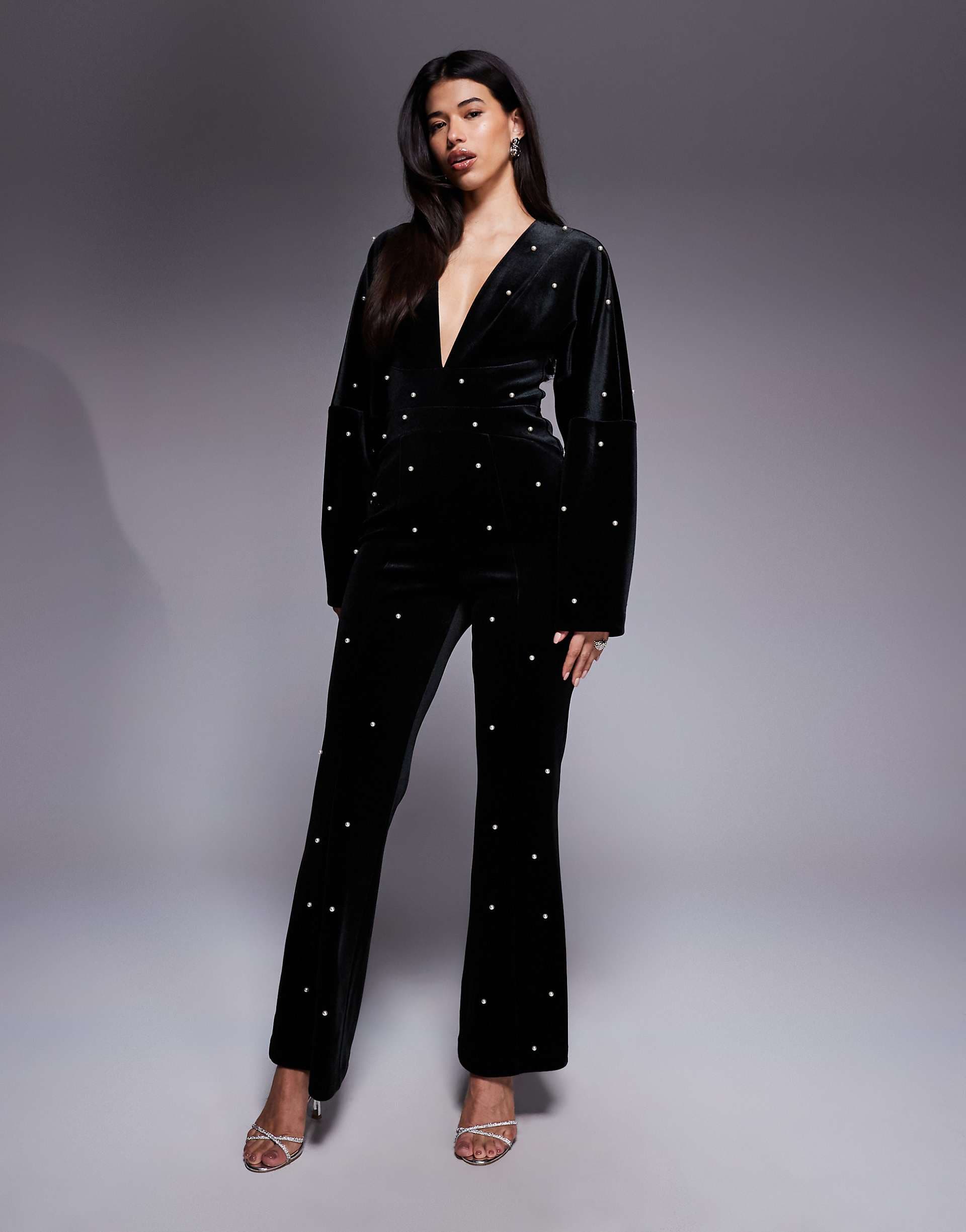 ASOS LUXE velvet plunge jumpsuit with pearl embellishment in black