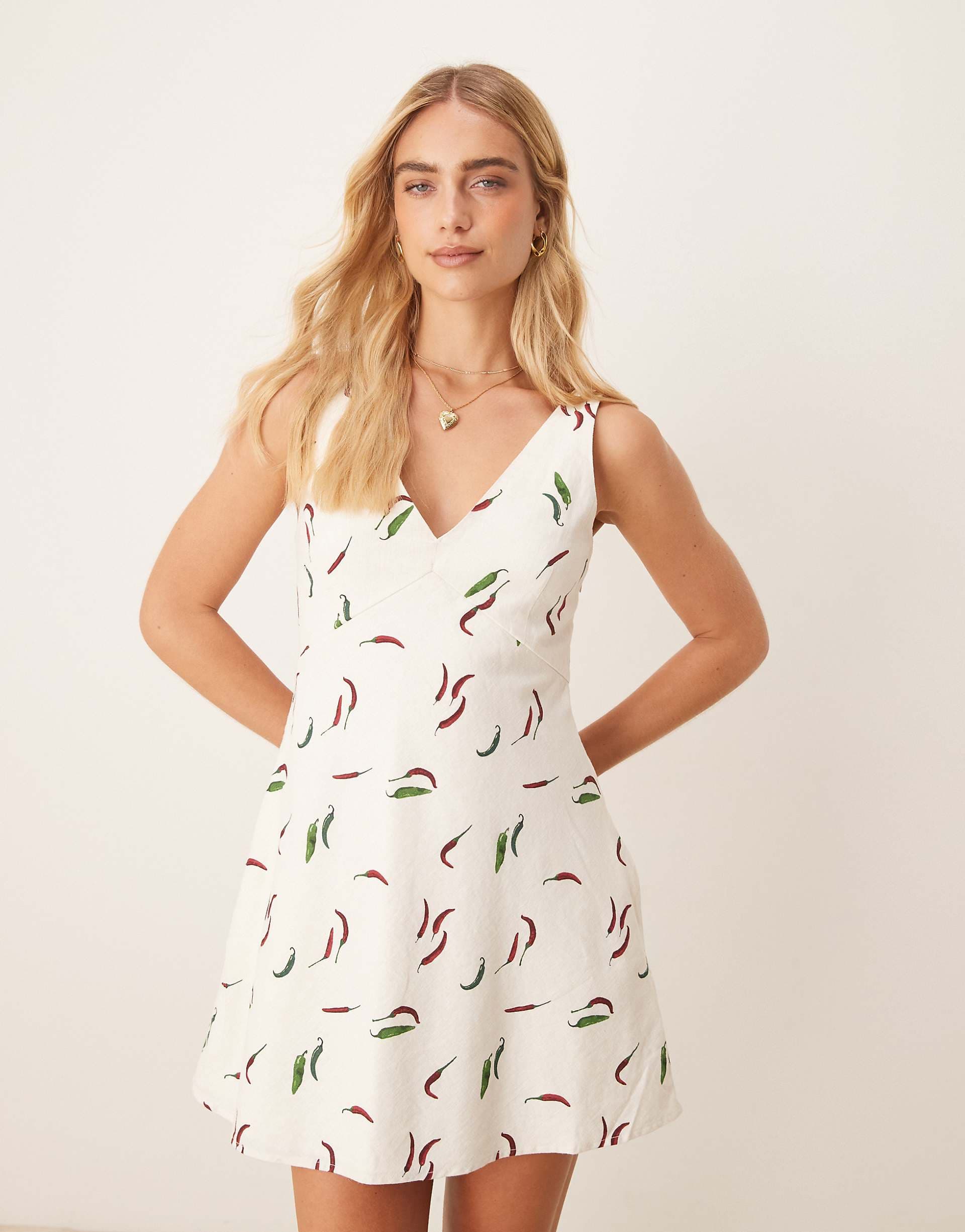 Abercrombie & Fitch high v neck linen blend mini dress in green print