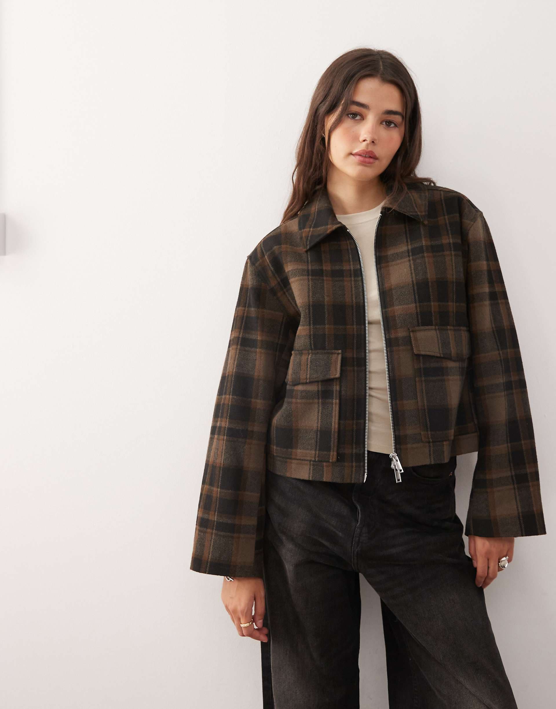 Monki short collared jacket with wool in brown check