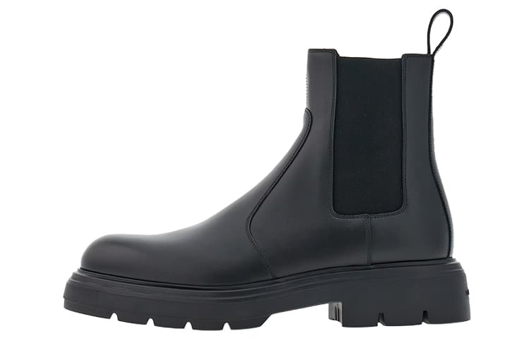 FERRAGAMO Calfskin Round Toe Slip-On Short Chelsea Boots Men's Black