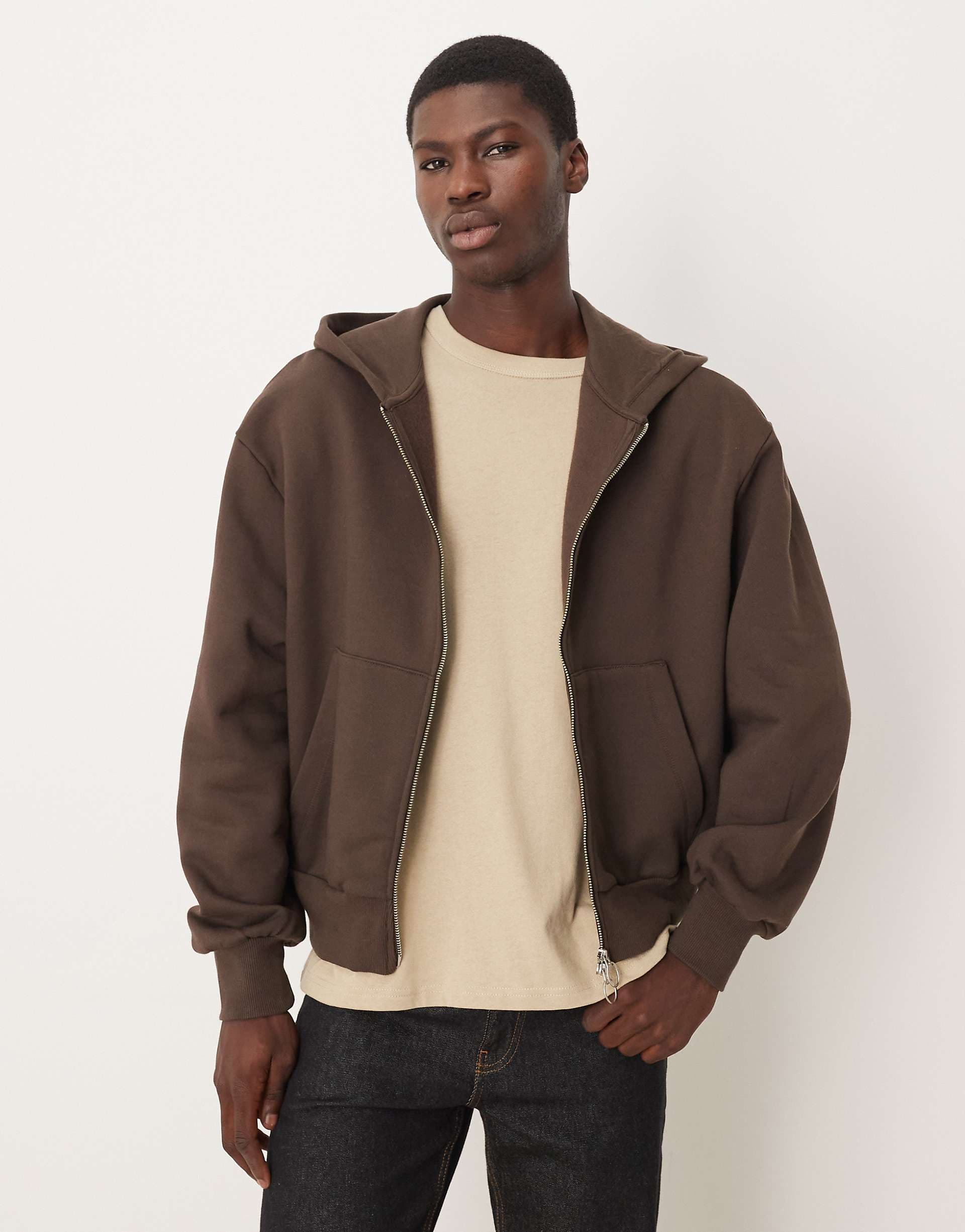 ASOS DESIGN premium heavyweight ovesized boxy zip up hoodie in 400gsms in brown