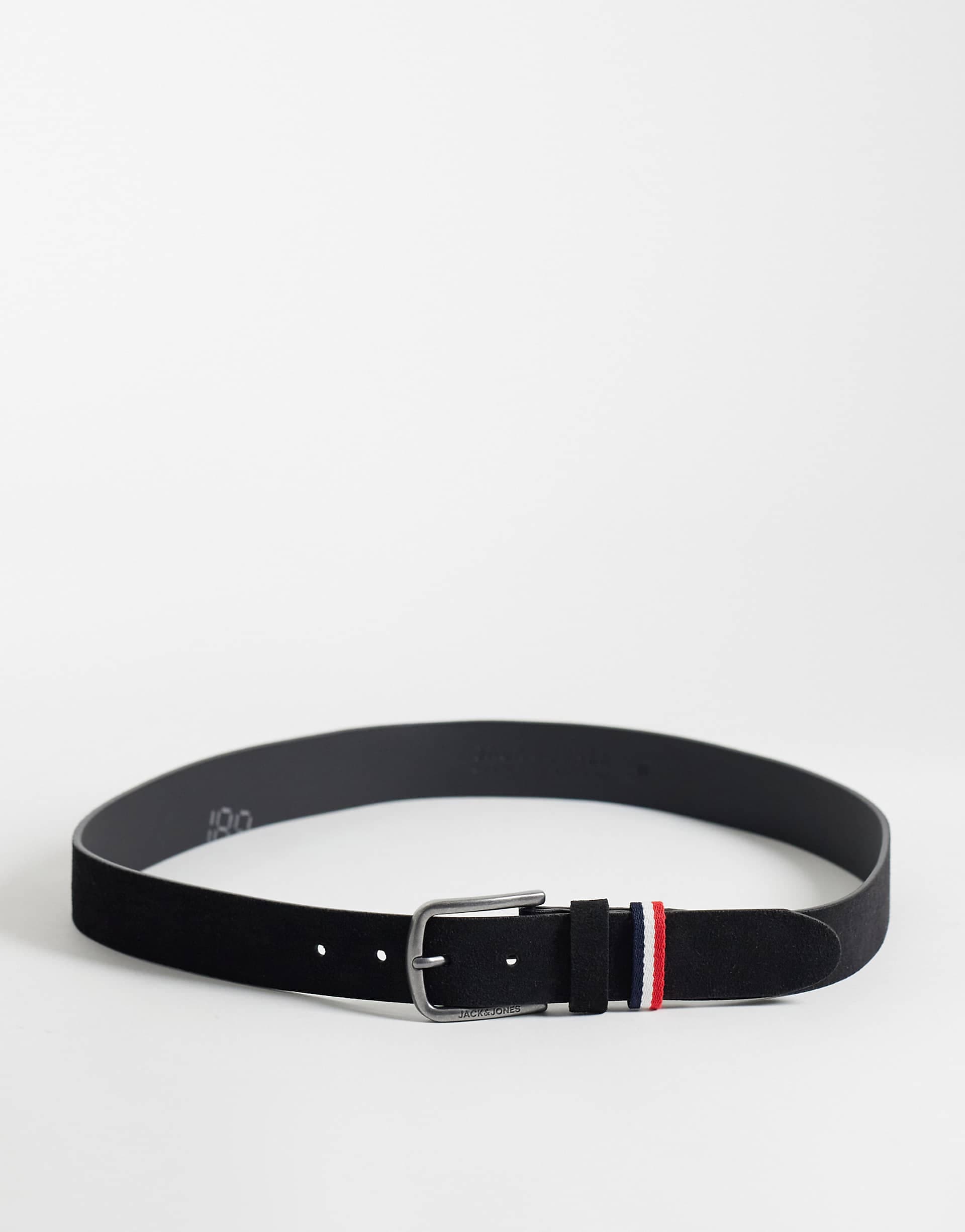 Jack & Jones suede belt in black with stripe detail