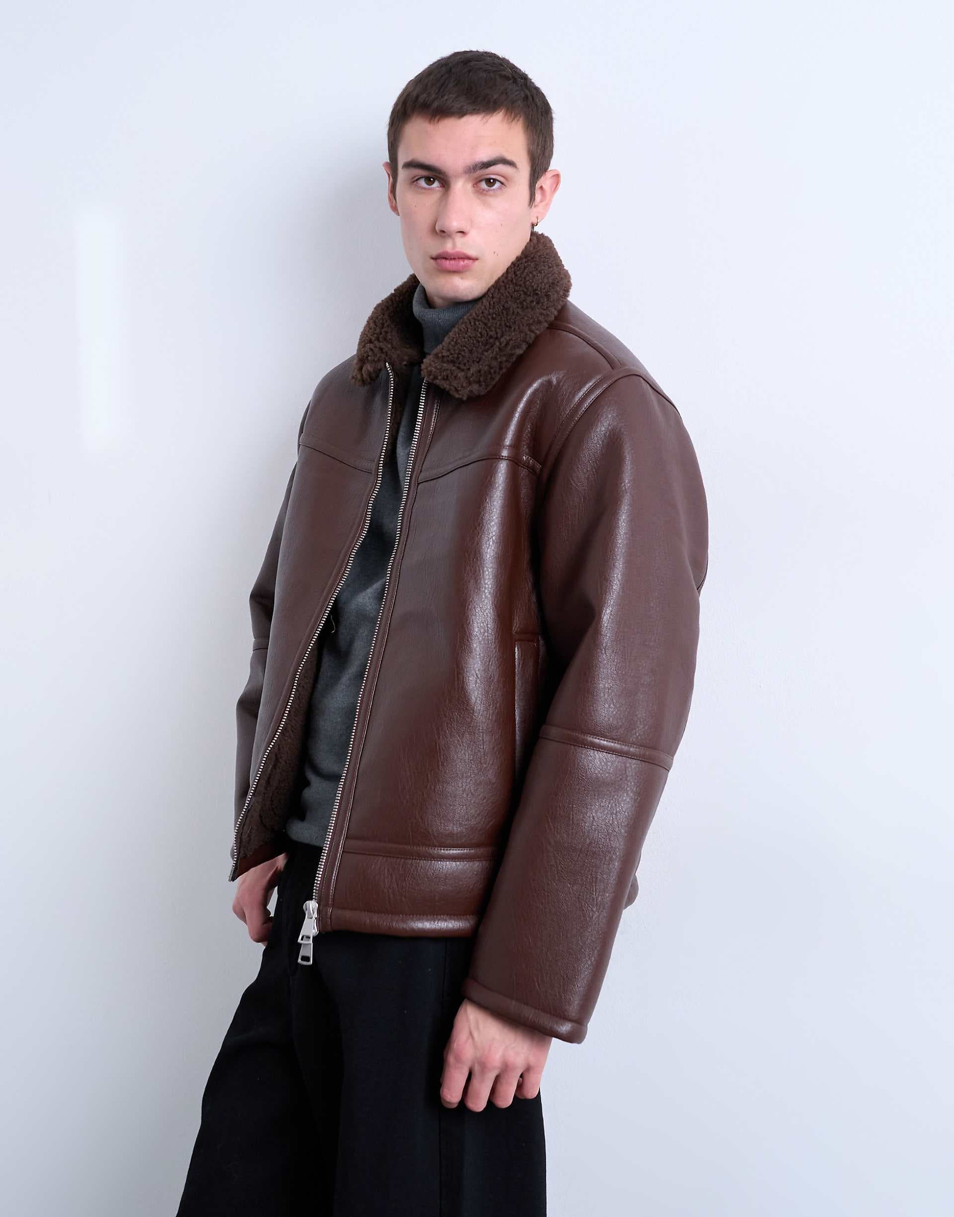 Topman faux shearling jacket with zip pockets in brown