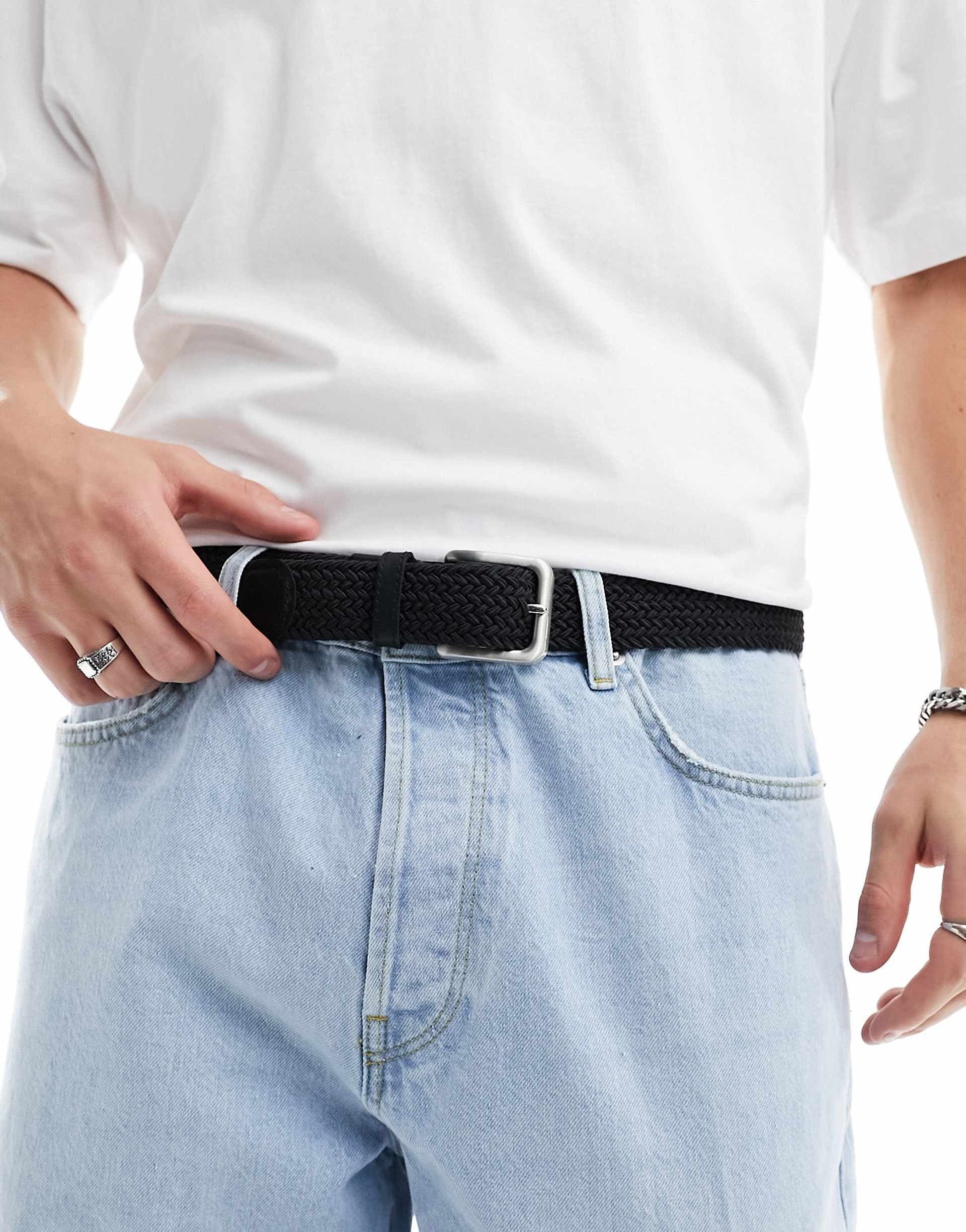 Jack & Jones woven belt with buckle in black