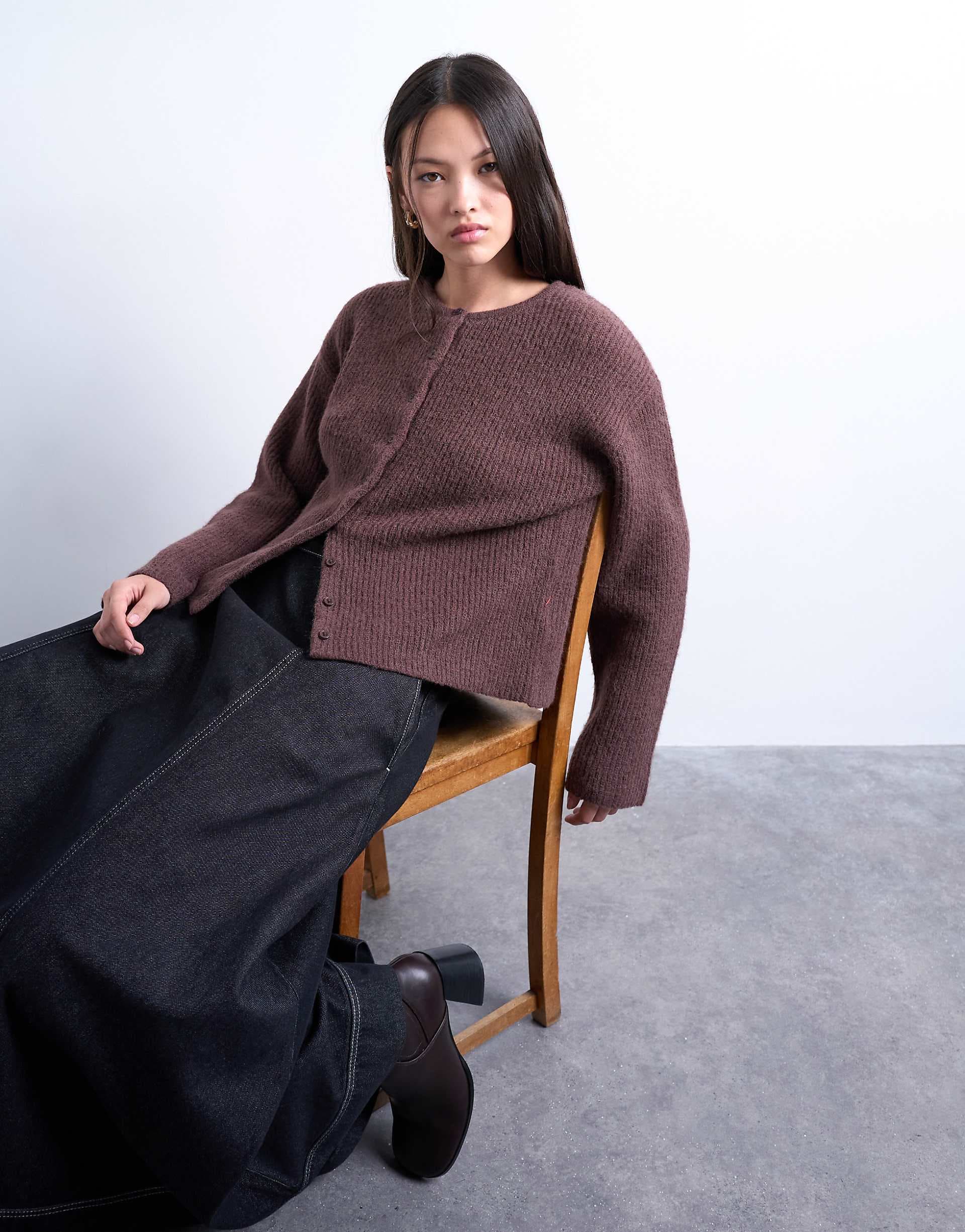 Topshop easy rib knit relaxed cardigan in chocolate
