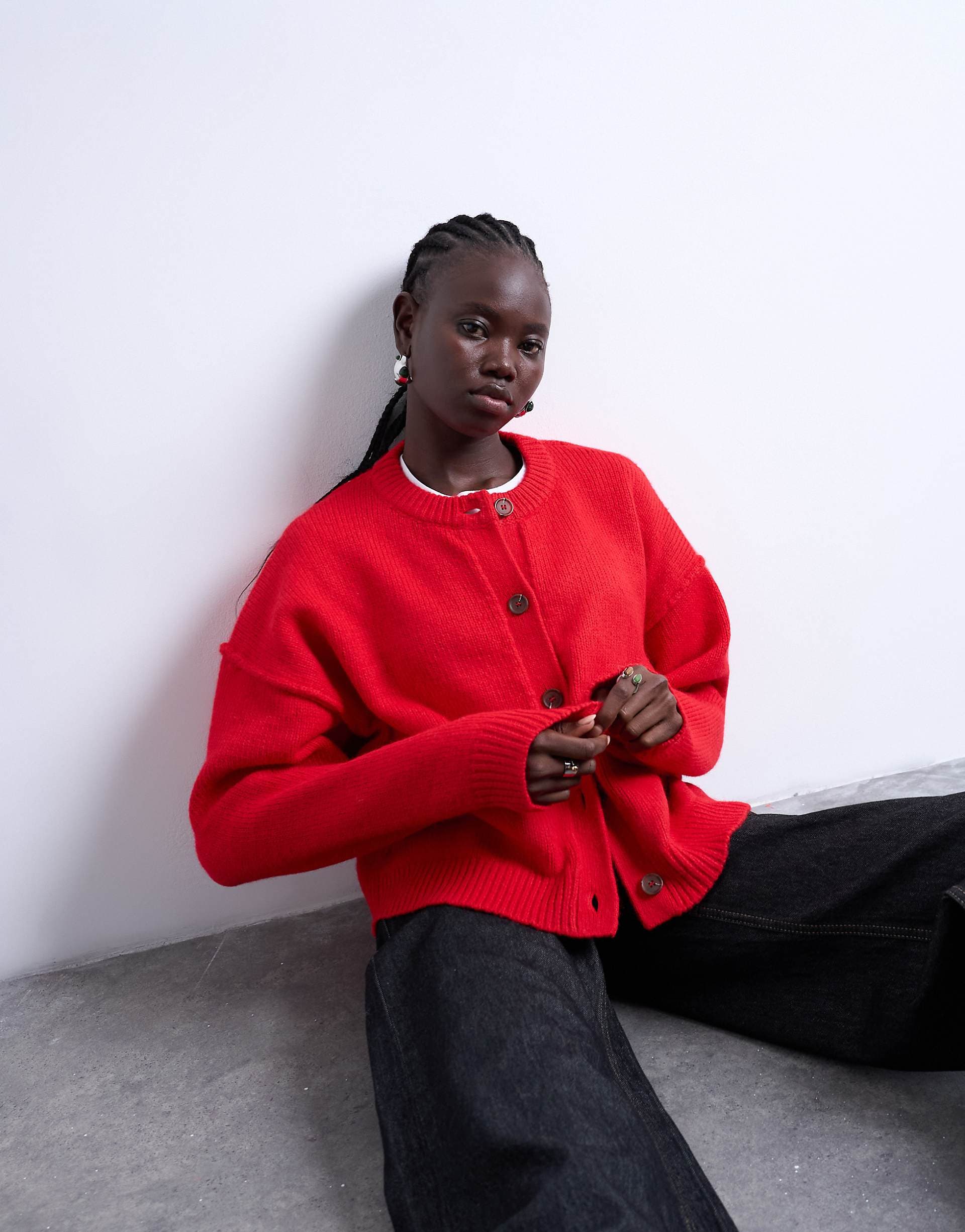 Topshop knit exposed seams relaxed cardigan in red