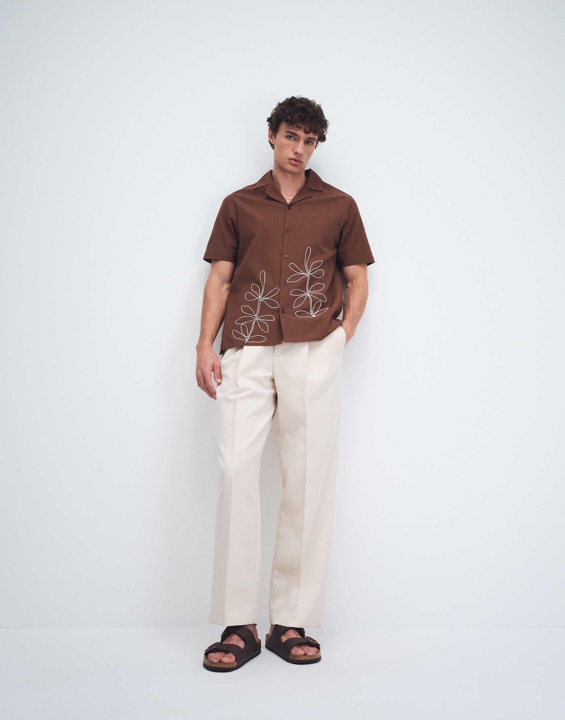 Aray embroidered camp collar beach shirt in brown