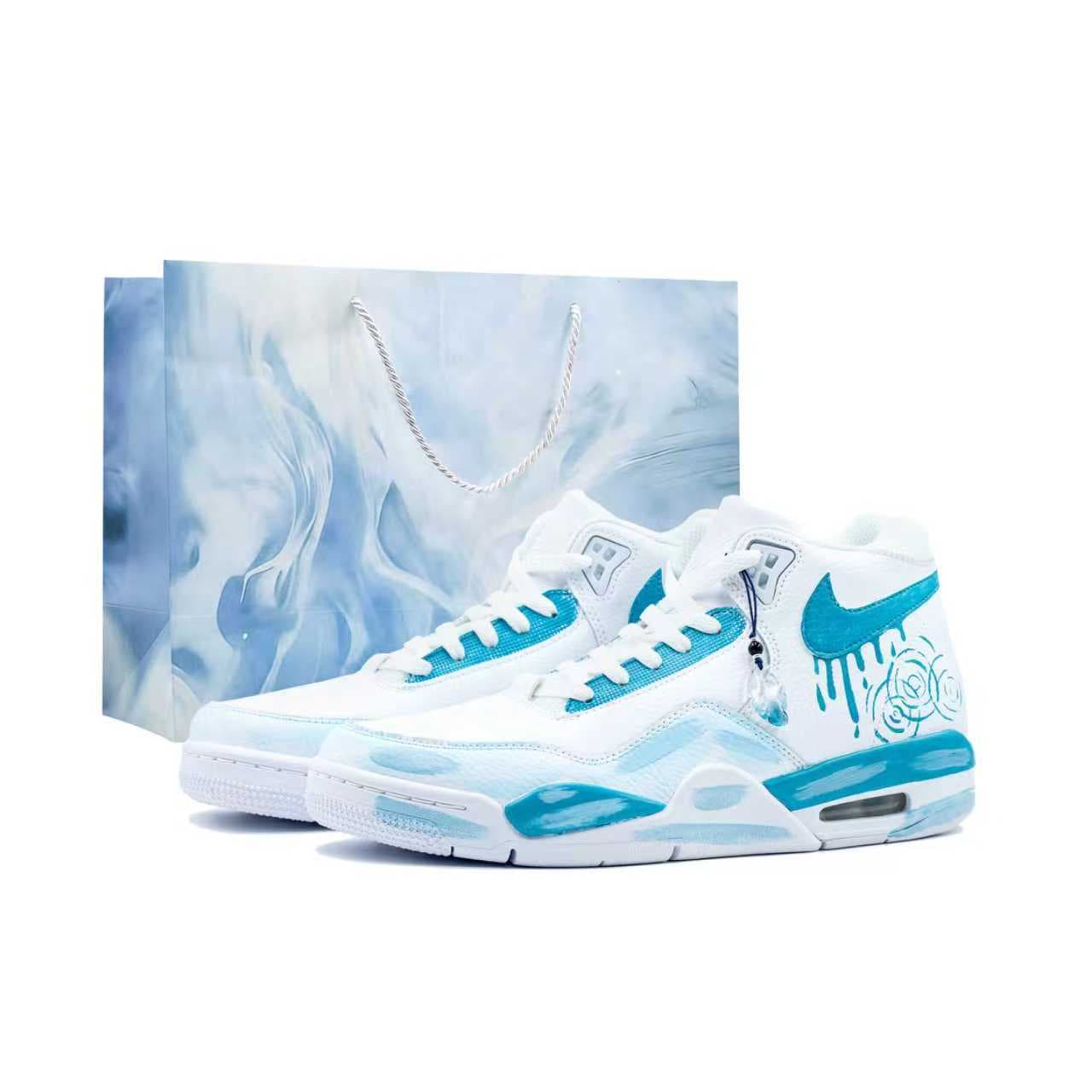 Custom Sneakers Nike Flight Legacy Liquid Blue Feather Special Gift Bag Hand-Painted Gradient Distressed Fashion Versatile Simple Comfortable Shock-Absorbing Wear-Resistant Breathable Mid-Top Retro Basketball Shoes Unisex Blue White