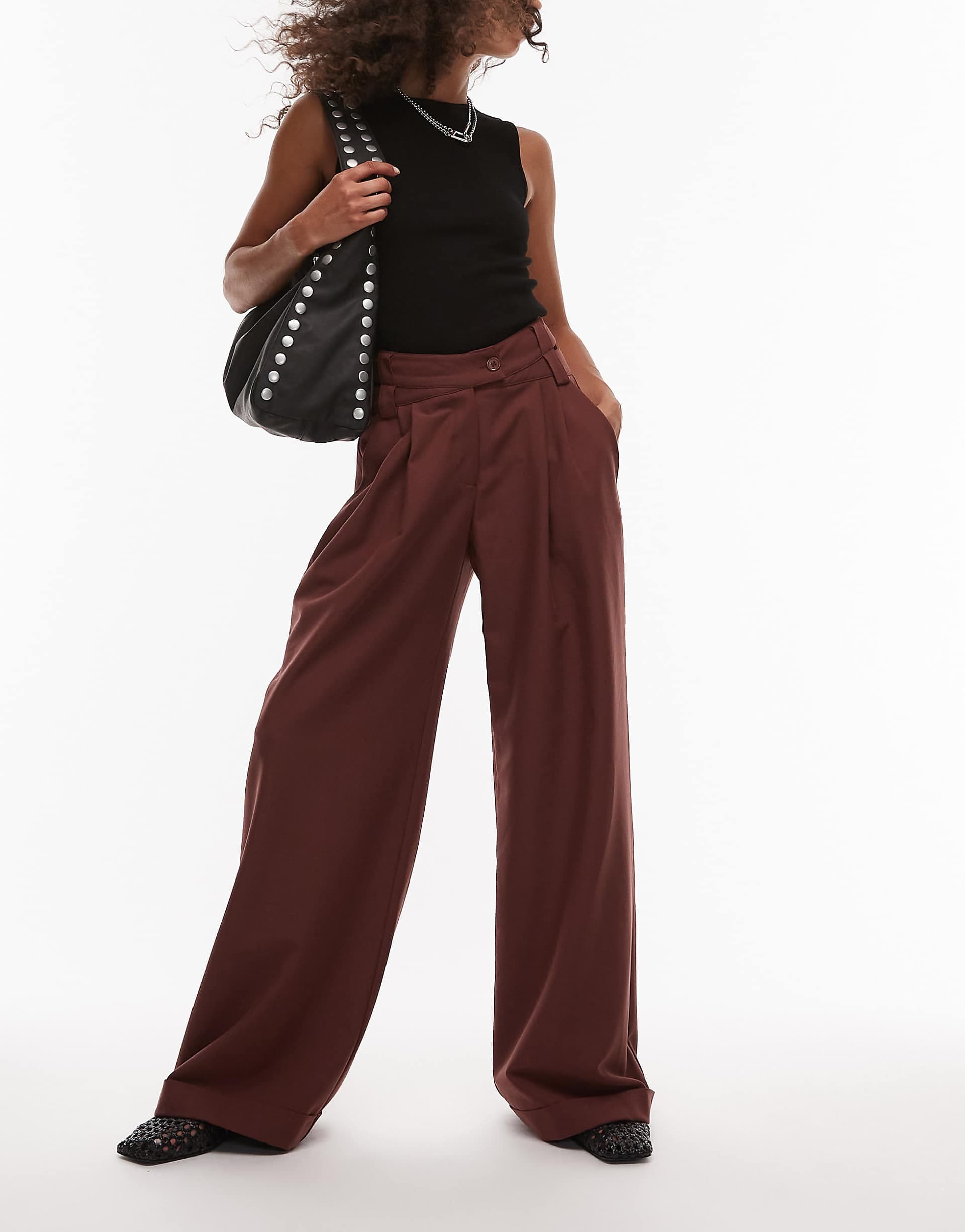 LAAGAM high rise asymmetric tailored pants in brown
