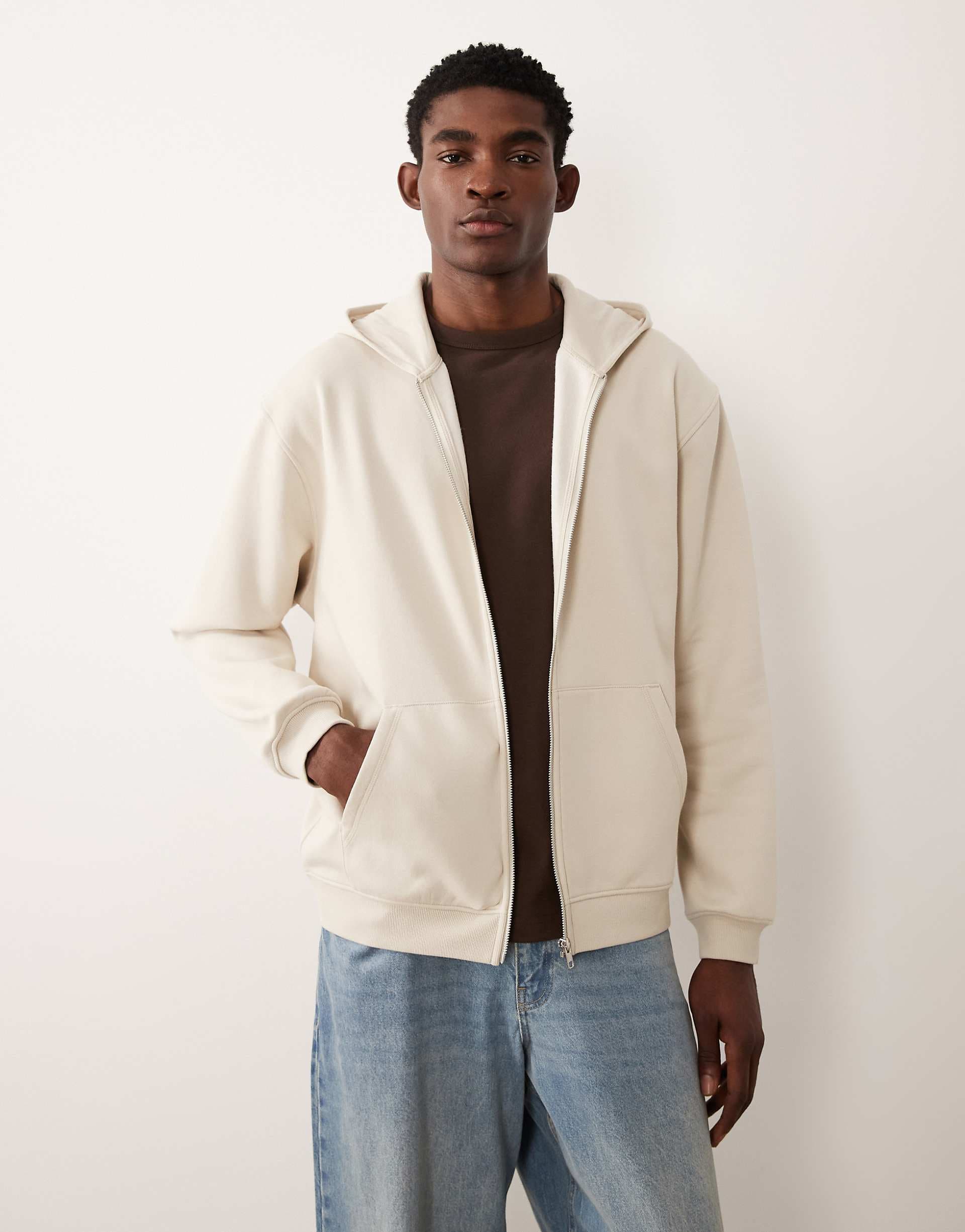 ASOS DESIGN Essentials relaxed zip up hoodie in off white